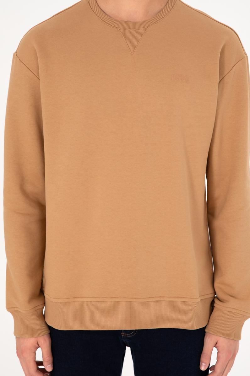 Erkek Bisiklet Yaka Camel Basic Şardonlu Sweatshirt