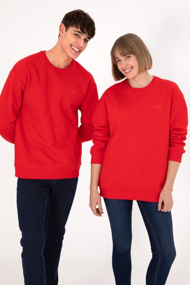 Erkek Bisiklet Yaka Kırmızı Basic Şardonlu Sweatshirt