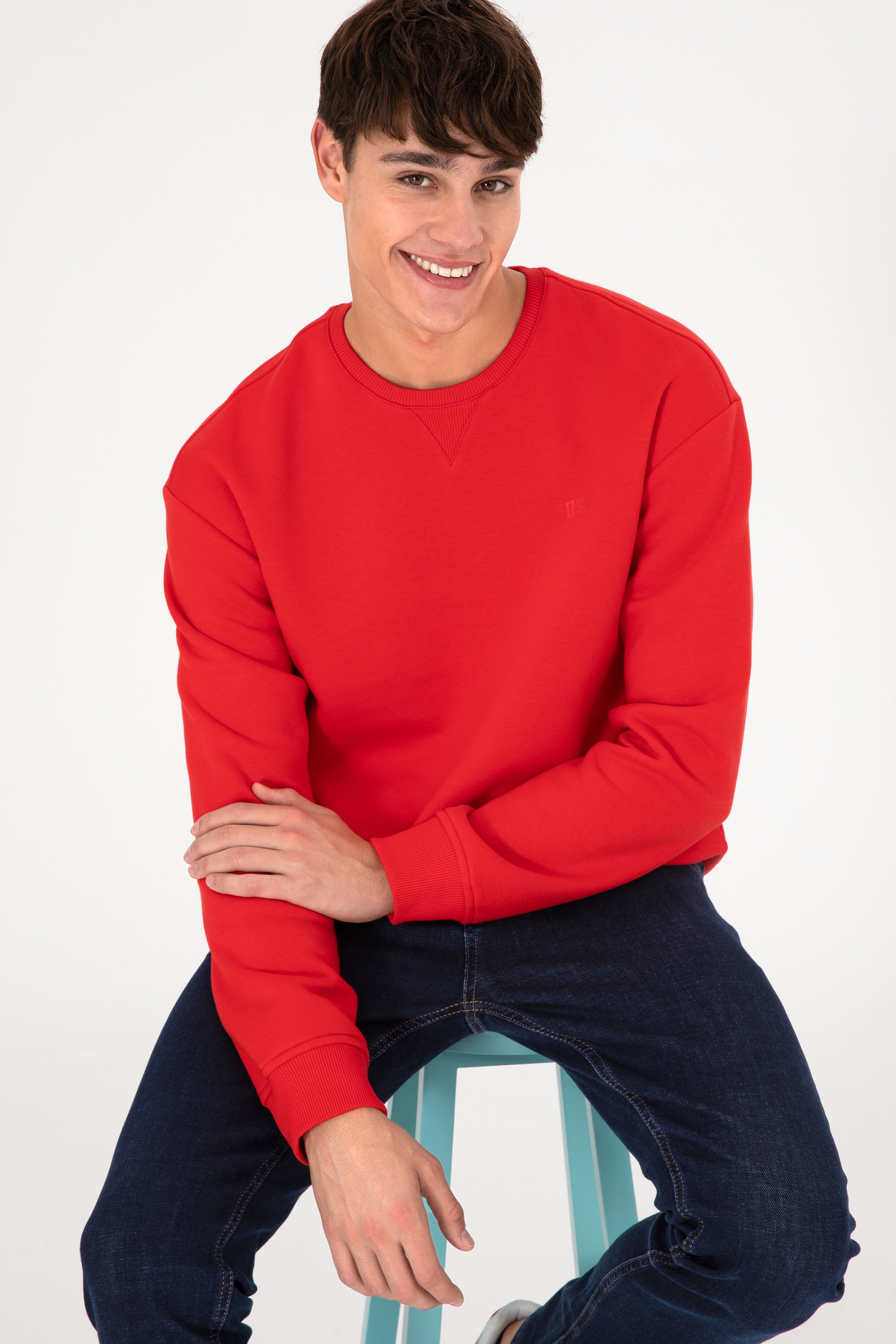 Erkek Bisiklet Yaka Kırmızı Basic Şardonlu Sweatshirt