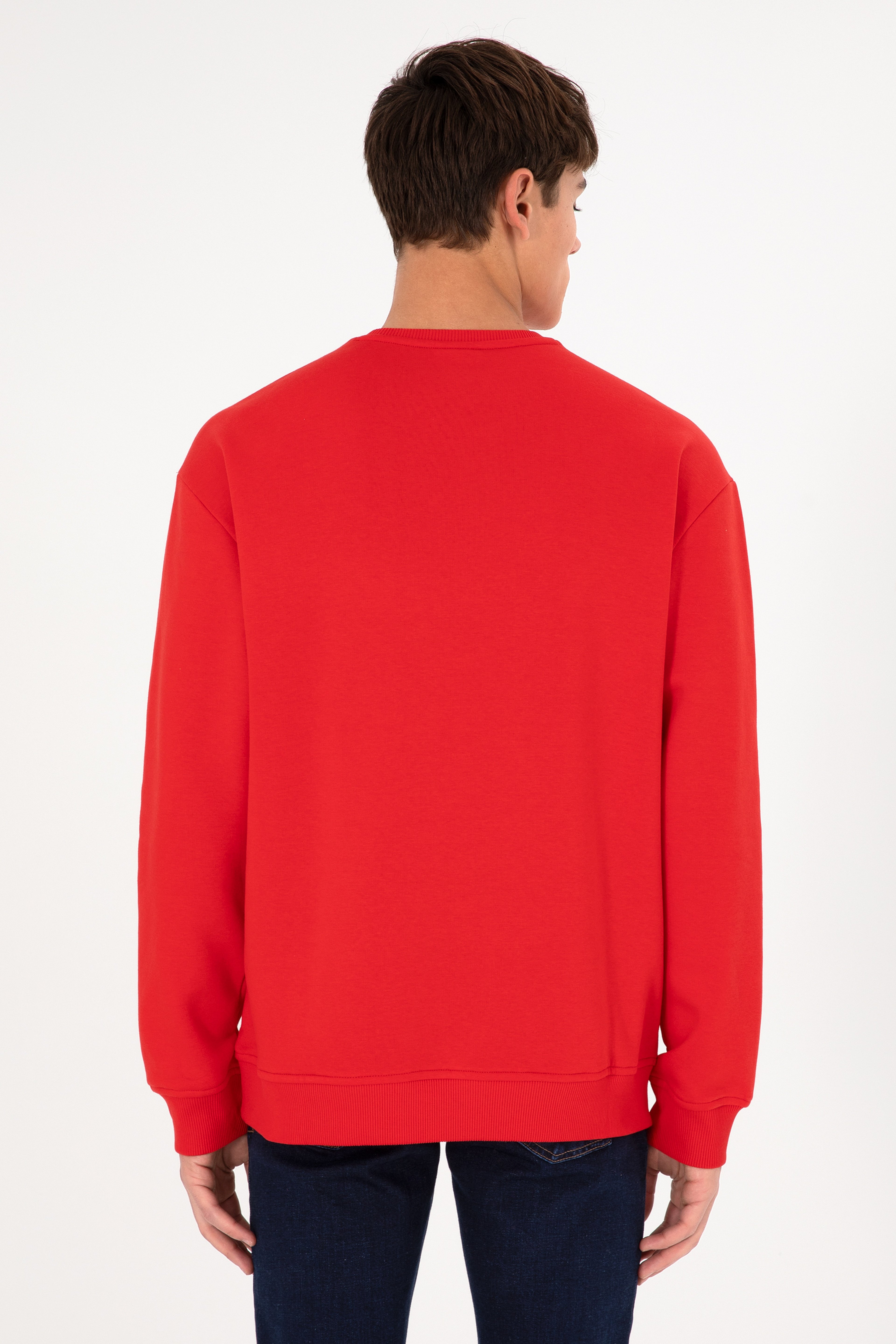 Erkek Bisiklet Yaka Kırmızı Basic Şardonlu Sweatshirt