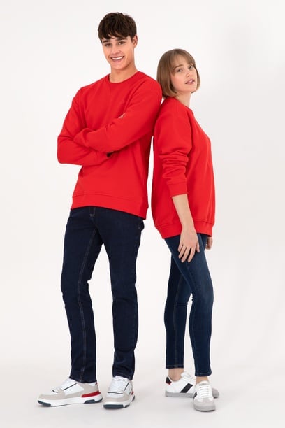 Erkek Bisiklet Yaka Kırmızı Basic Şardonlu Sweatshirt