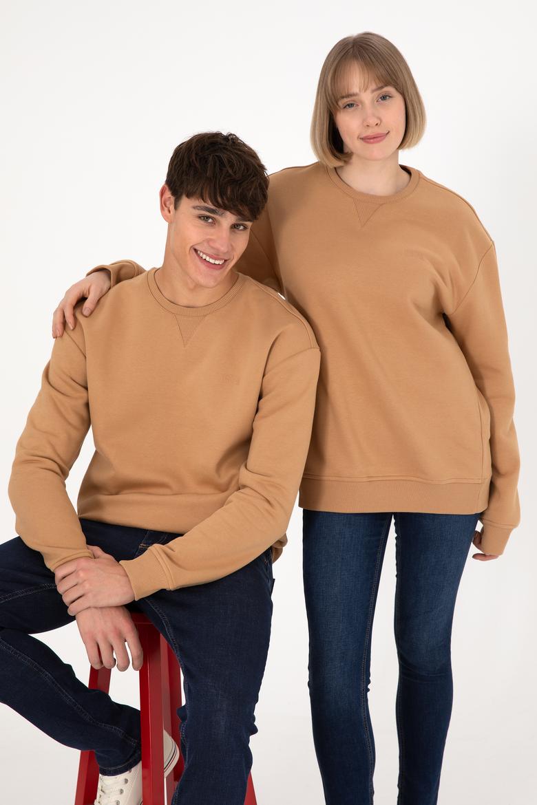 Erkek Bisiklet Yaka Camel Basic Şardonlu Sweatshirt