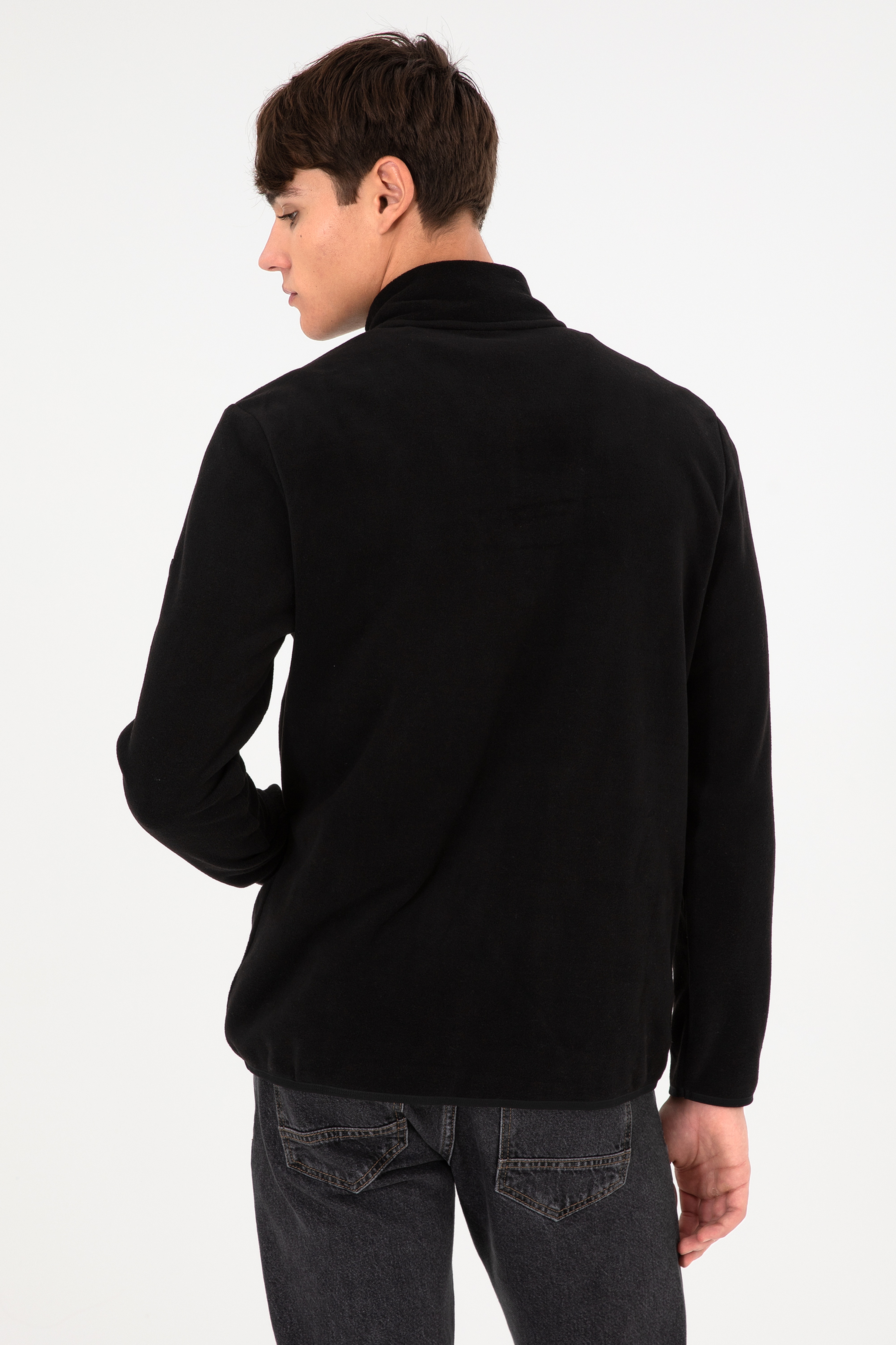 Erkek Yarım Fermuarlı Siyah Basic Polar Sweatshirt - Image 6