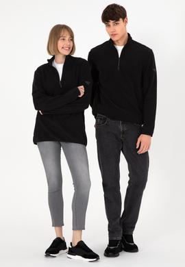 Erkek Yarım Fermuarlı Siyah Basic Polar Sweatshirt - 50298085087