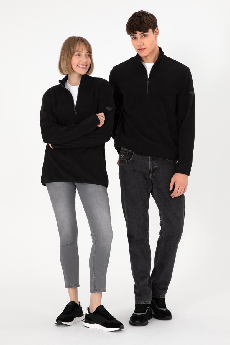 Erkek Yarım Fermuarlı Siyah Basic Polar Sweatshirt - 50298085087