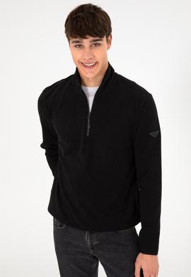 Erkek Yarım Fermuarlı Siyah Basic Polar Sweatshirt - 50298085087
