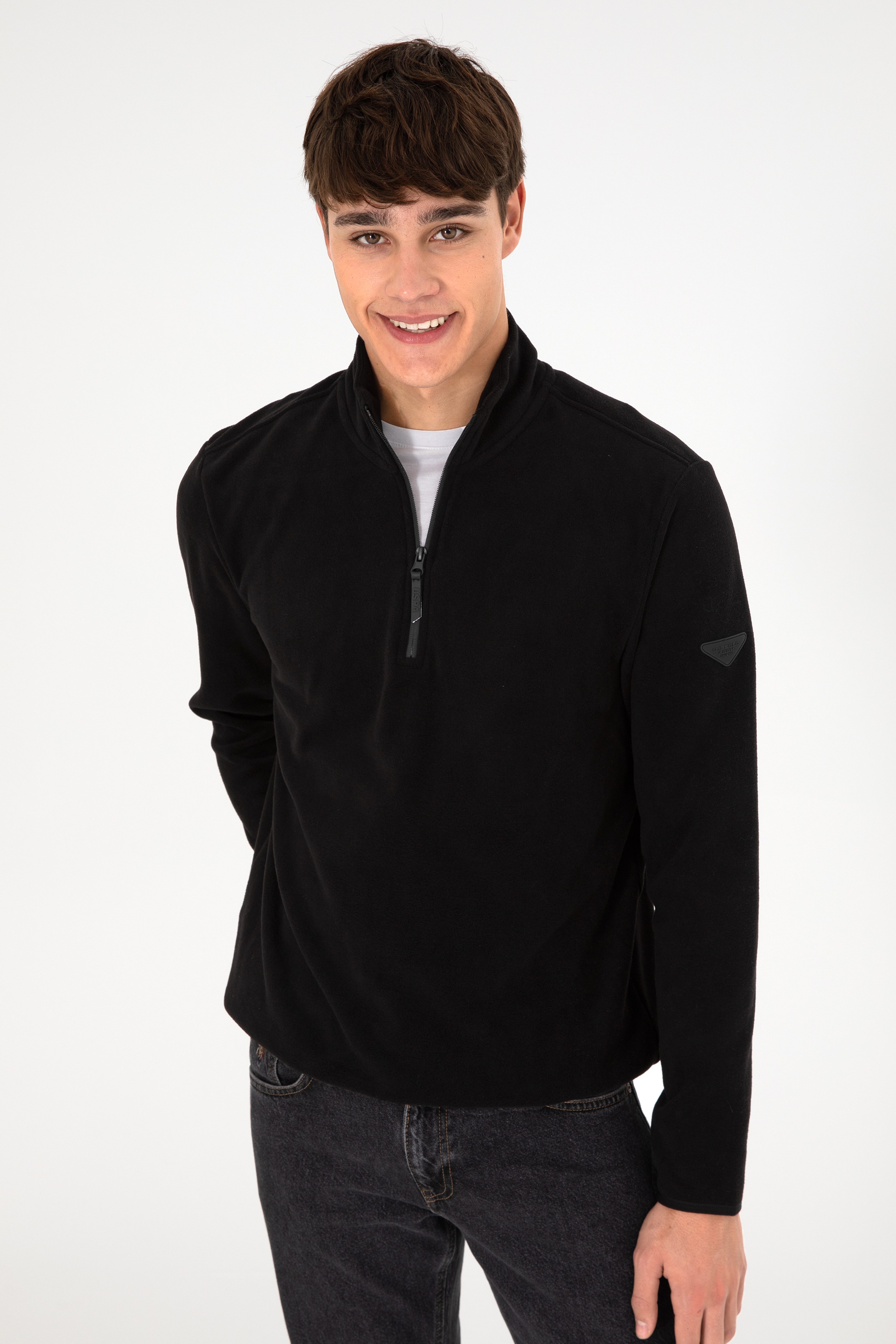 Erkek Yarım Fermuarlı Siyah Basic Polar Sweatshirt