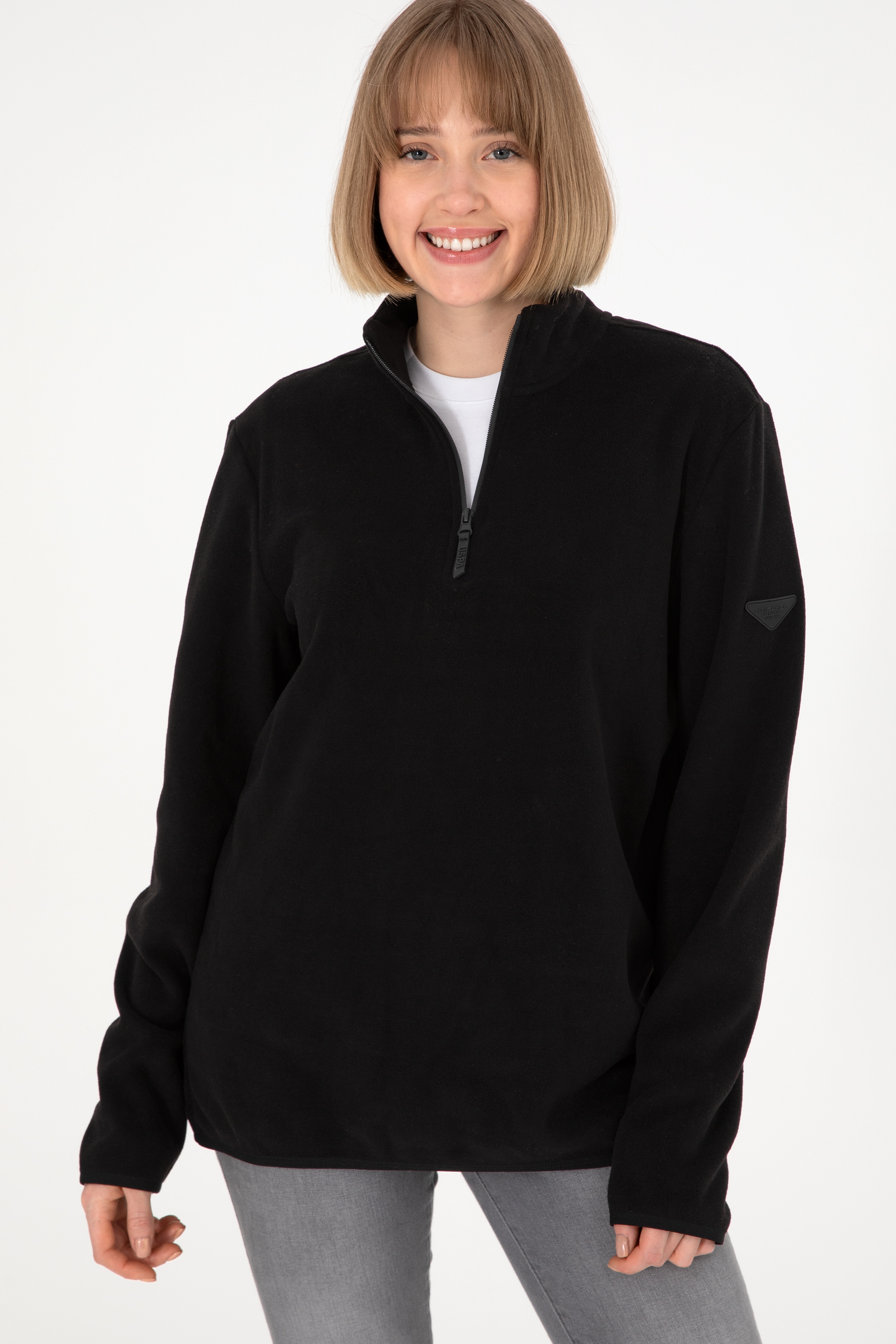 Erkek Yarım Fermuarlı Siyah Basic Polar Sweatshirt - Image 3