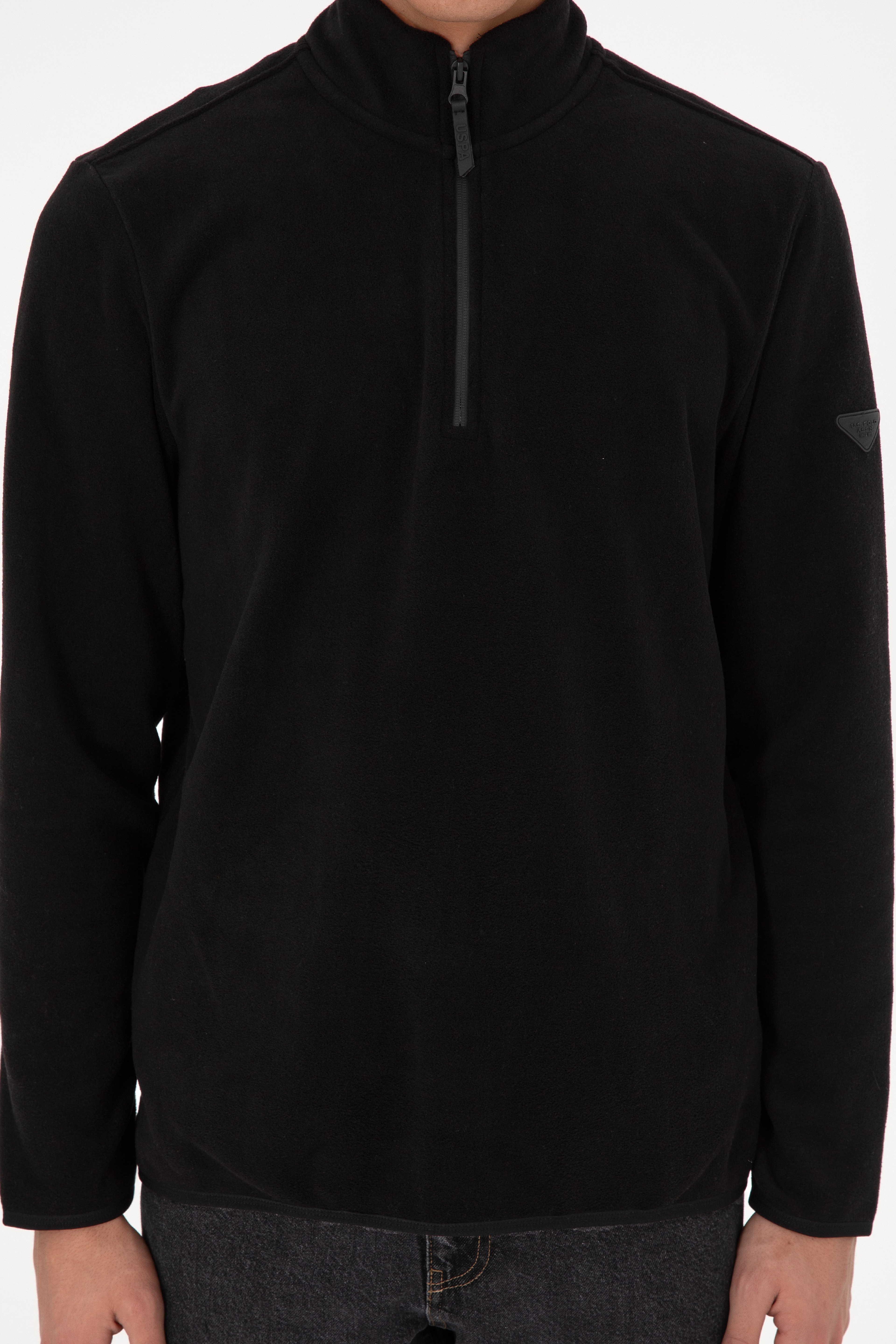 Erkek Yarım Fermuarlı Siyah Basic Polar Sweatshirt - Image 7