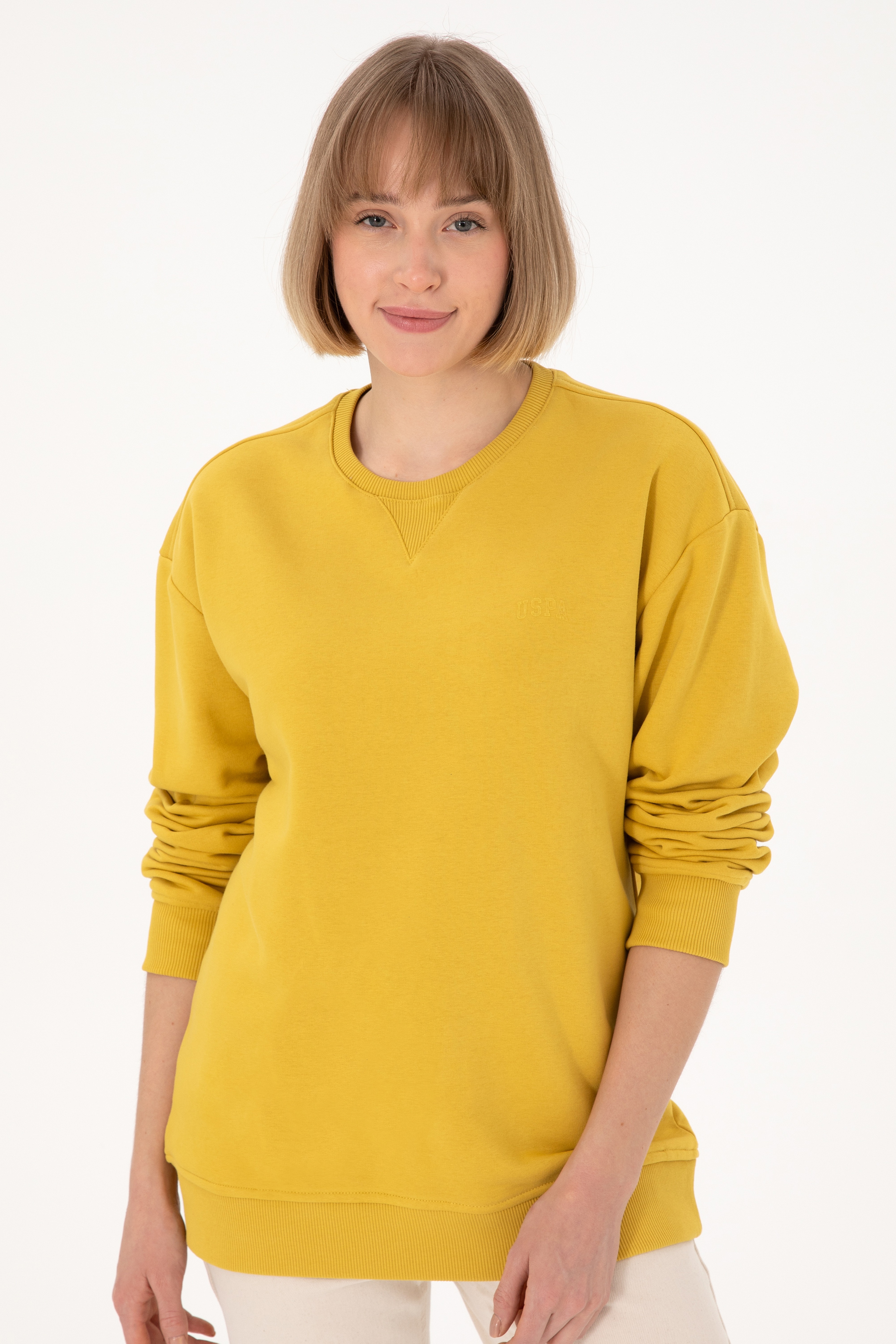 Erkek Bisiklet Yaka Sarı Basic Şardonlu Sweatshirt