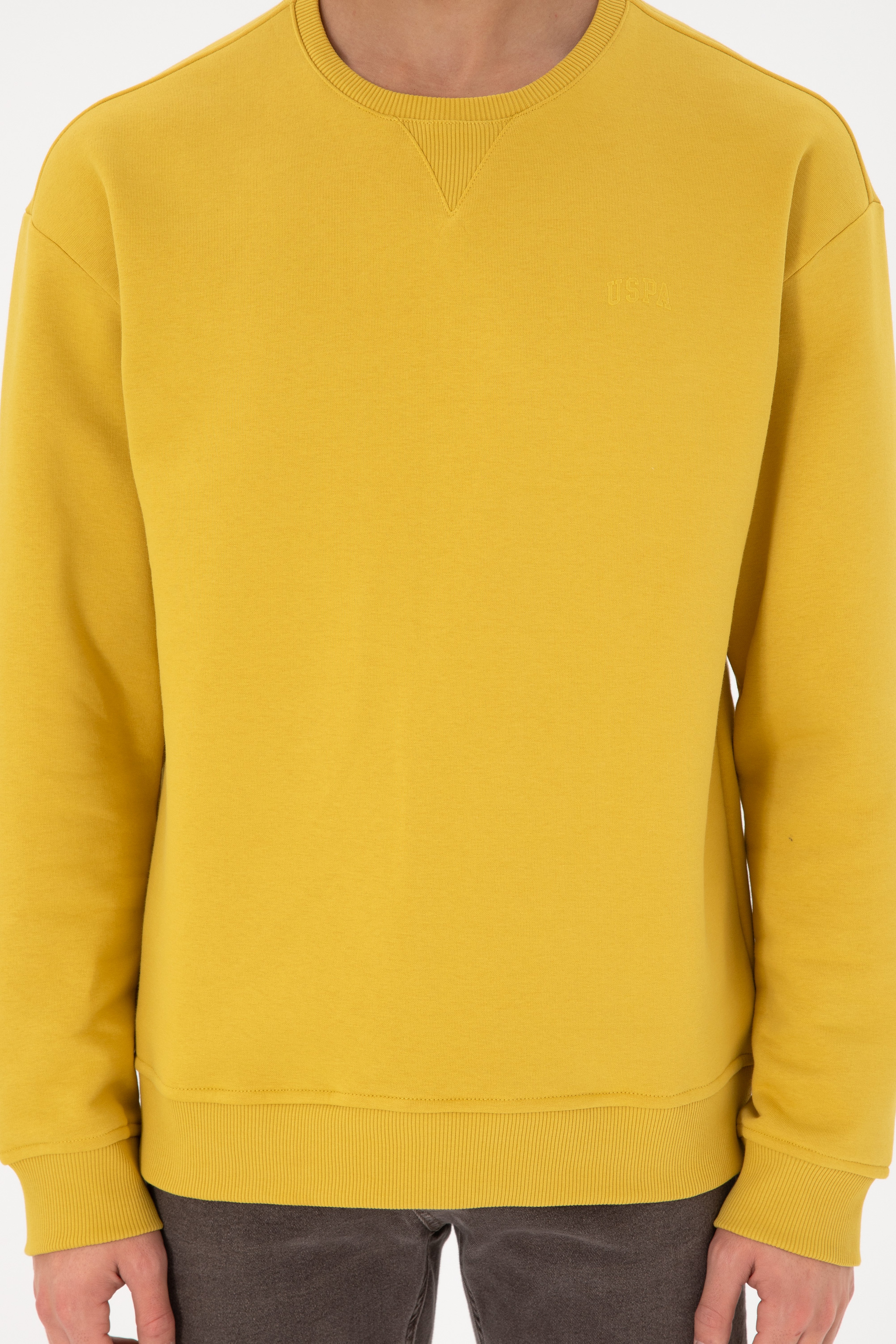 Erkek Bisiklet Yaka Sarı Basic Şardonlu Sweatshirt