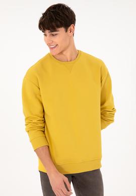 Erkek Bisiklet Yaka Sarı Basic Şardonlu Sweatshirt - 50295148193