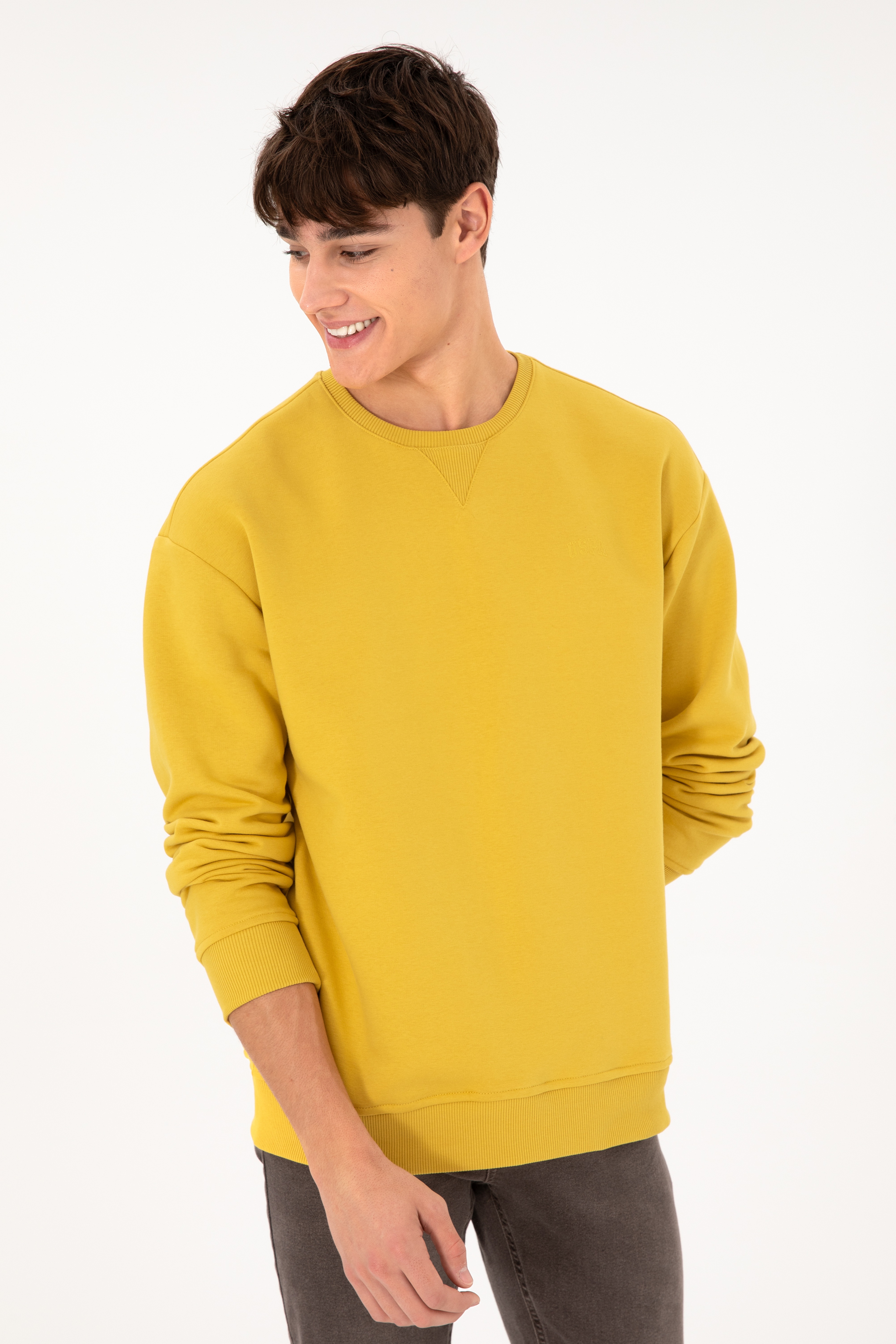 Erkek Bisiklet Yaka Sarı Basic Şardonlu Sweatshirt