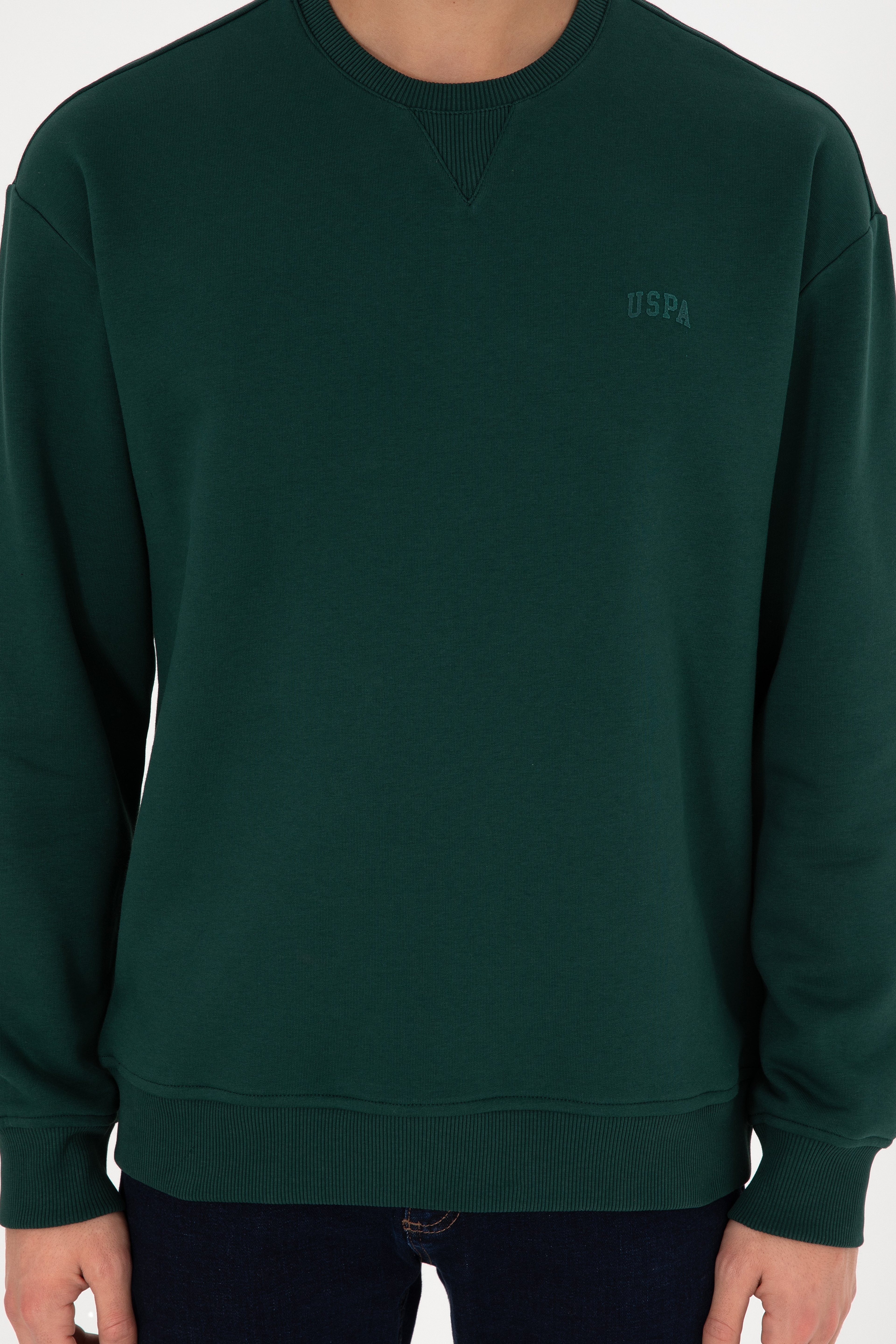 Erkek Bisiklet Yaka Koyu Yeşil Basic Şardonlu Sweatshirt - Image 7