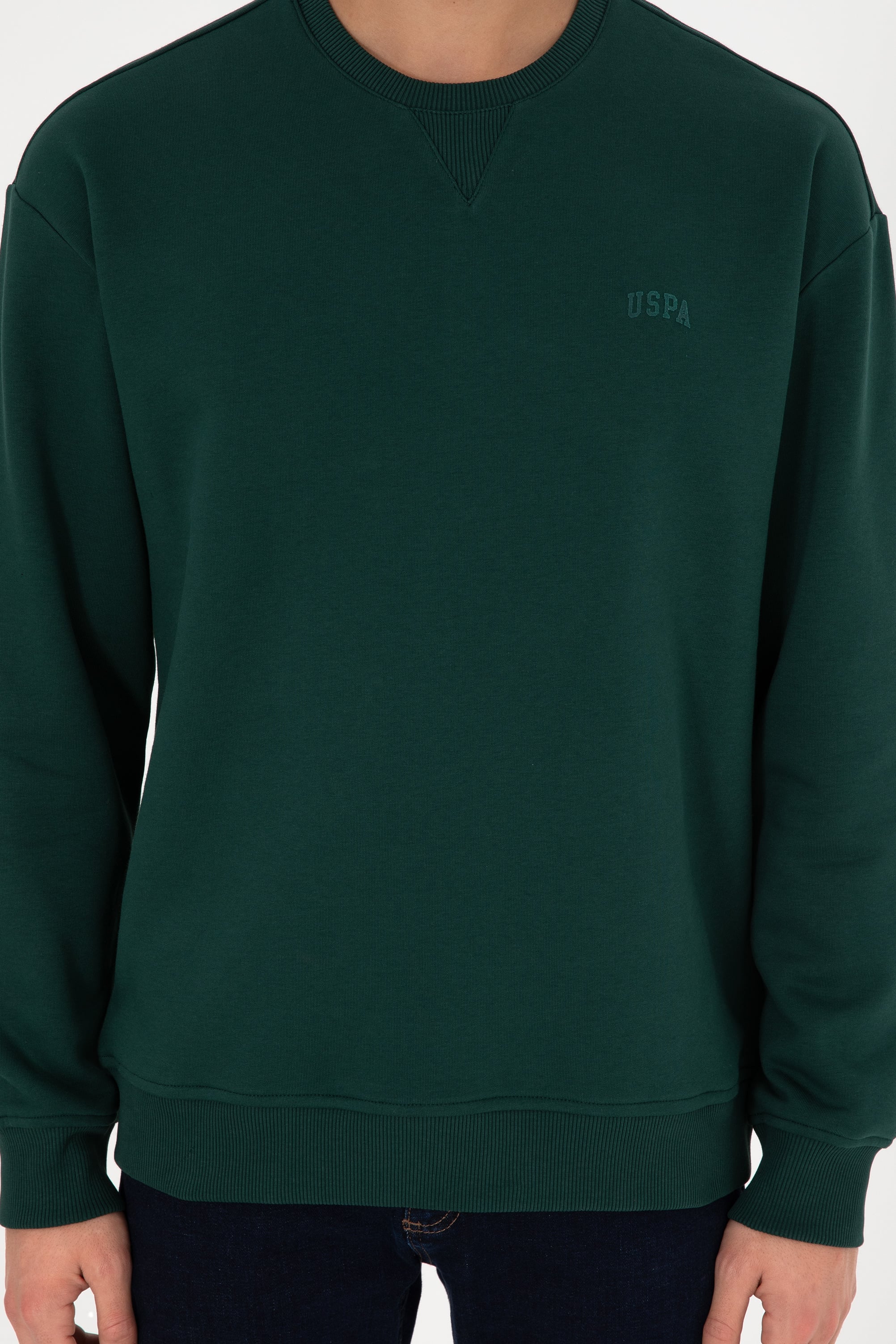 Erkek Bisiklet Yaka Koyu Yeşil Basic Şardonlu Sweatshirt