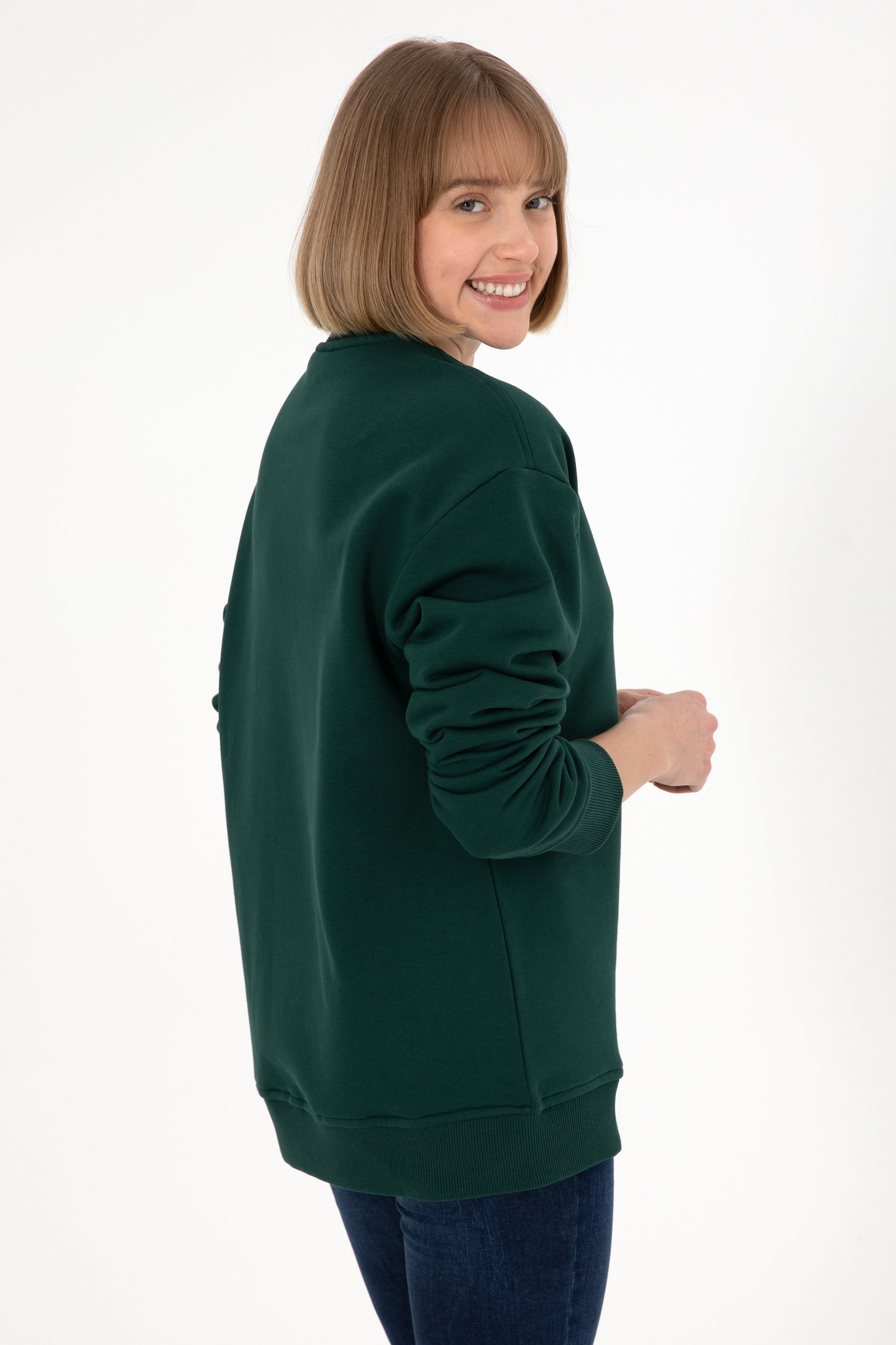 Erkek Bisiklet Yaka Koyu Yeşil Basic Şardonlu Sweatshirt - Image 4