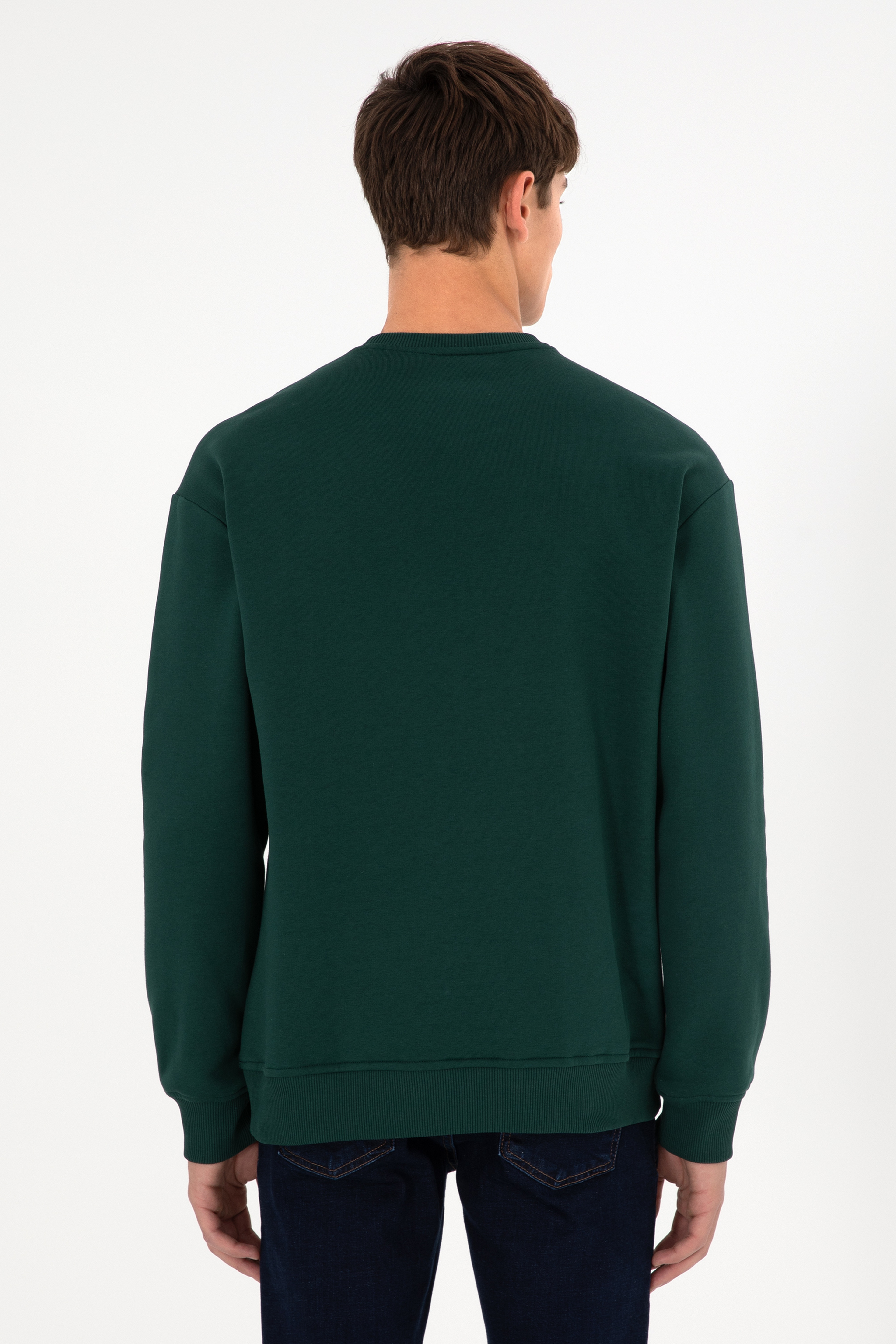 Erkek Bisiklet Yaka Koyu Yeşil Basic Şardonlu Sweatshirt - Image 6