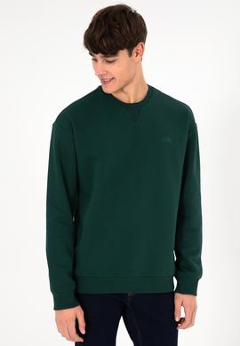 Erkek Bisiklet Yaka Koyu Yeşil Basic Şardonlu Sweatshirt - 50295148153