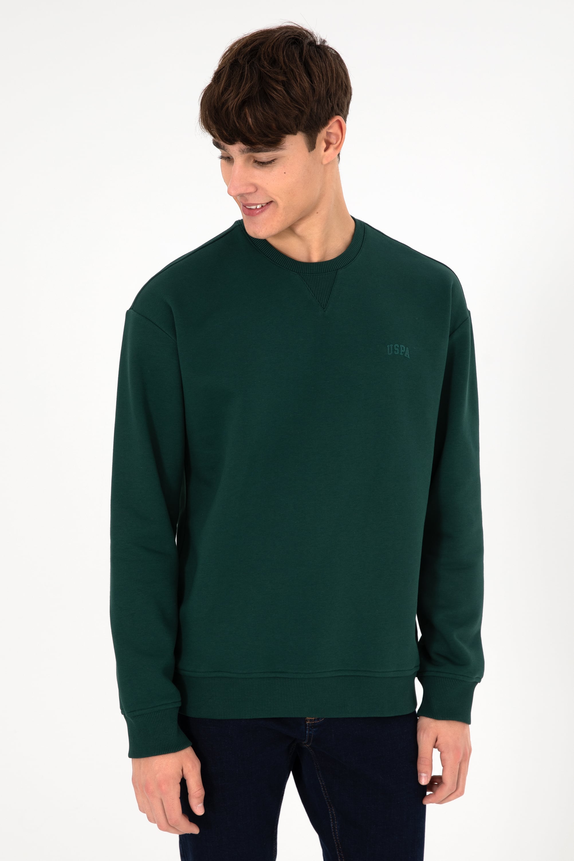 Erkek Bisiklet Yaka Koyu Yeşil Basic Şardonlu Sweatshirt