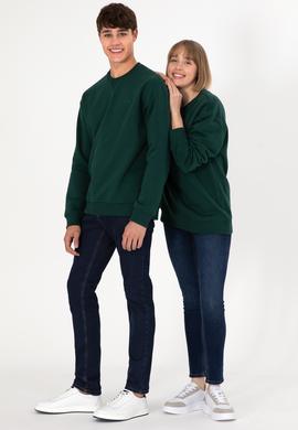 Erkek Bisiklet Yaka Koyu Yeşil Basic Şardonlu Sweatshirt - 50295148153