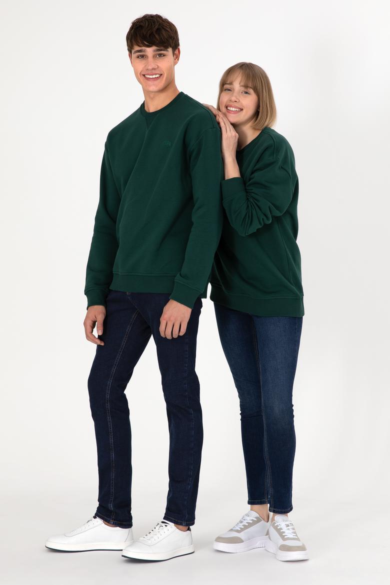 Erkek Bisiklet Yaka Koyu Yeşil Basic Şardonlu Sweatshirt - 50295148153