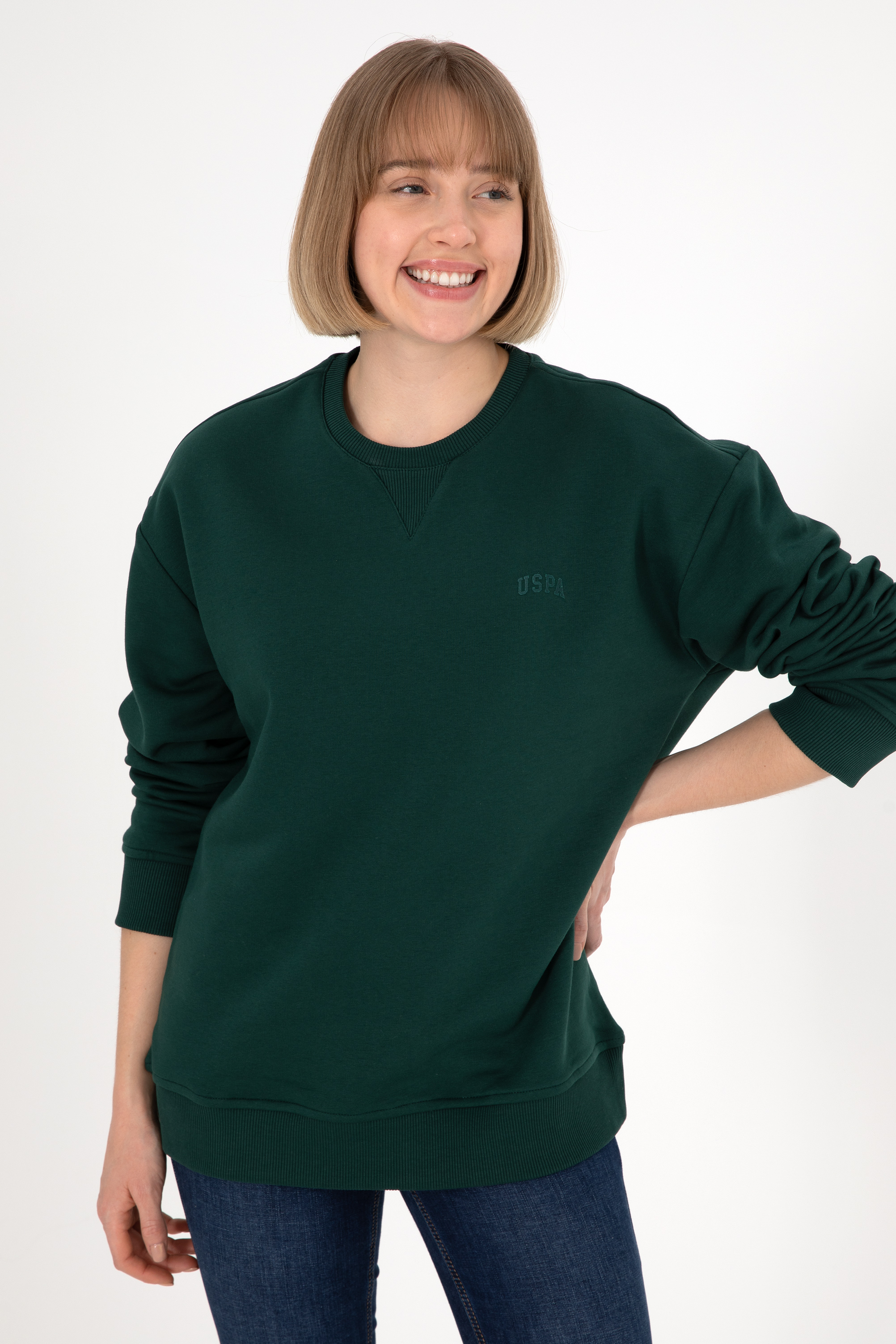 Erkek Bisiklet Yaka Koyu Yeşil Basic Şardonlu Sweatshirt