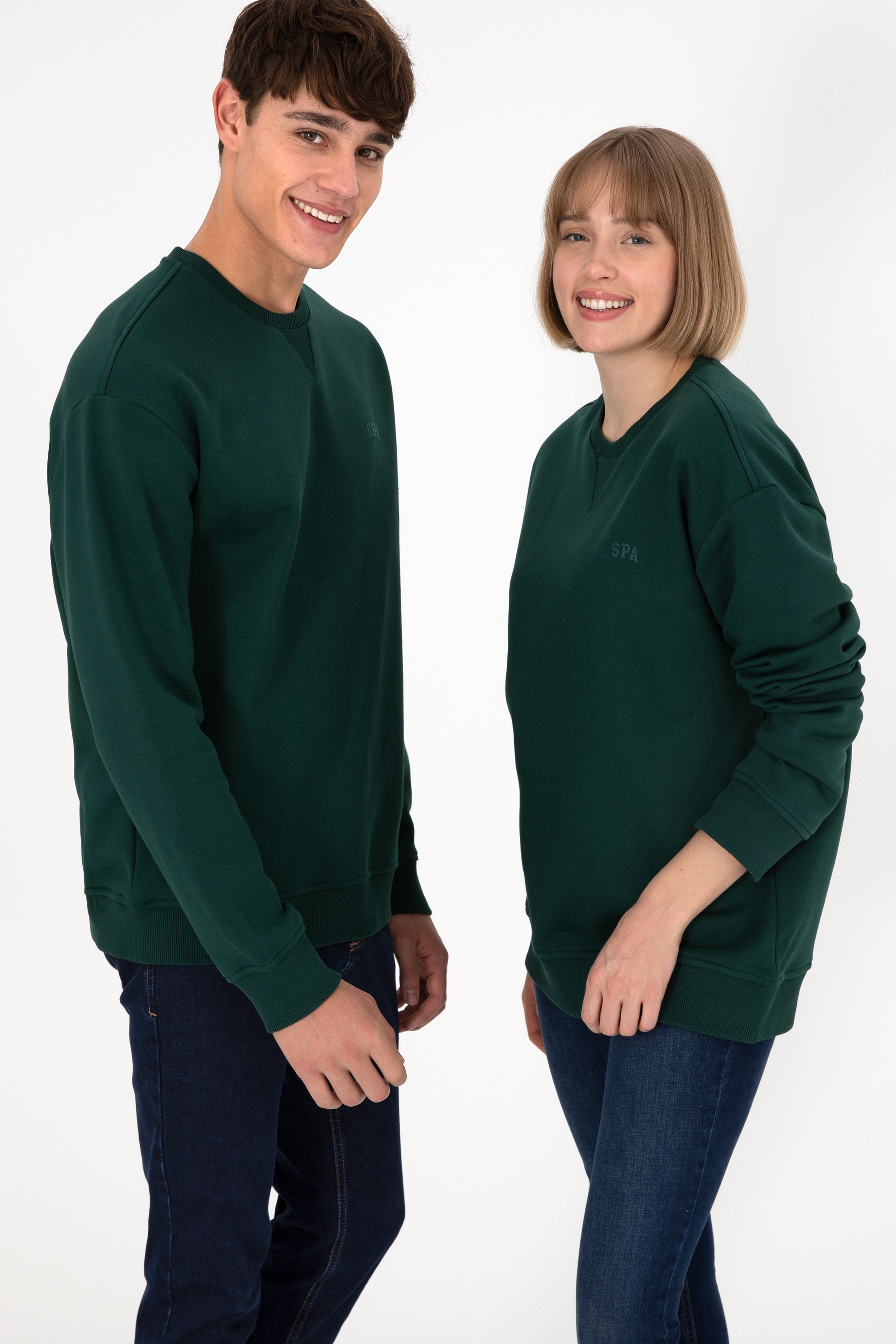 Erkek Bisiklet Yaka Koyu Yeşil Basic Şardonlu Sweatshirt - Image 1