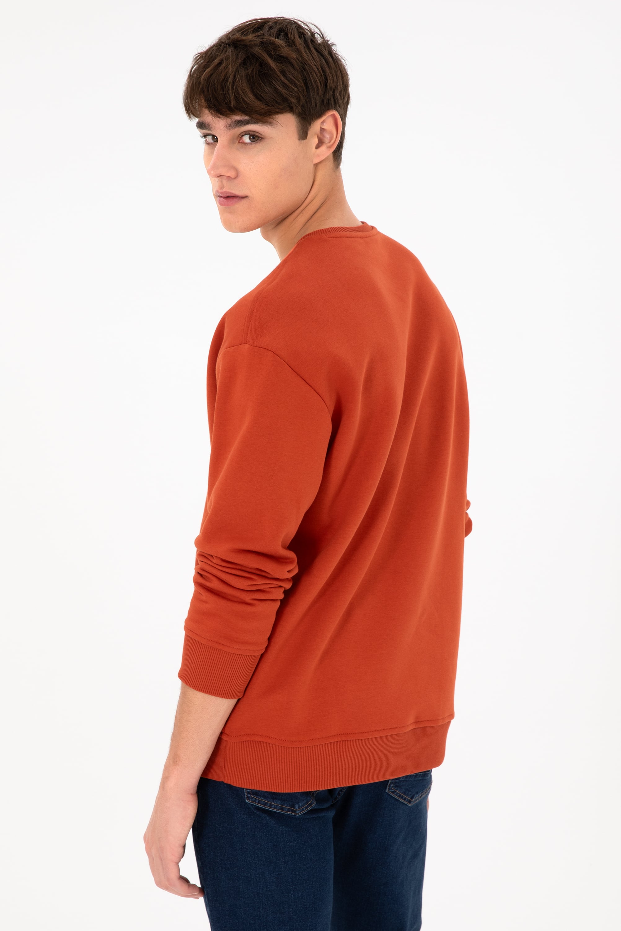 Erkek Bisiklet Yaka Kiremit Basic Şardonlu Sweatshirt