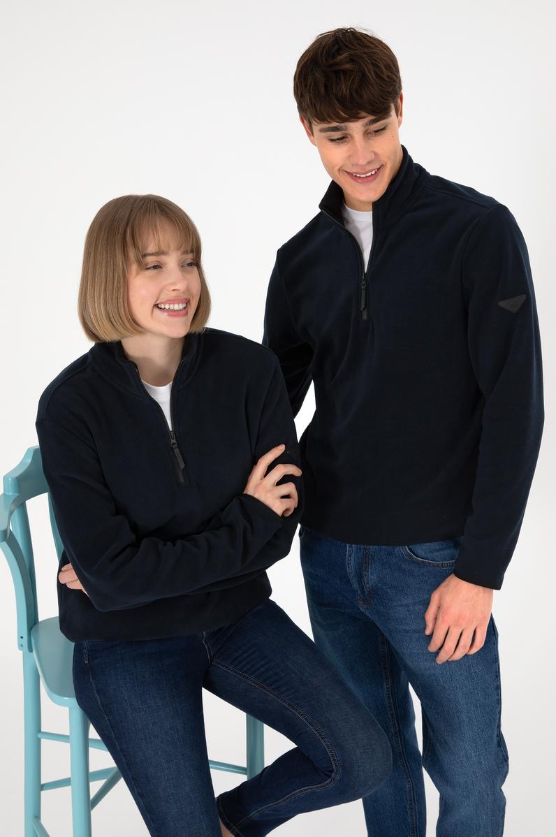 Erkek Yarım Fermuarlı Lacivert Basic Polar Sweatshirt