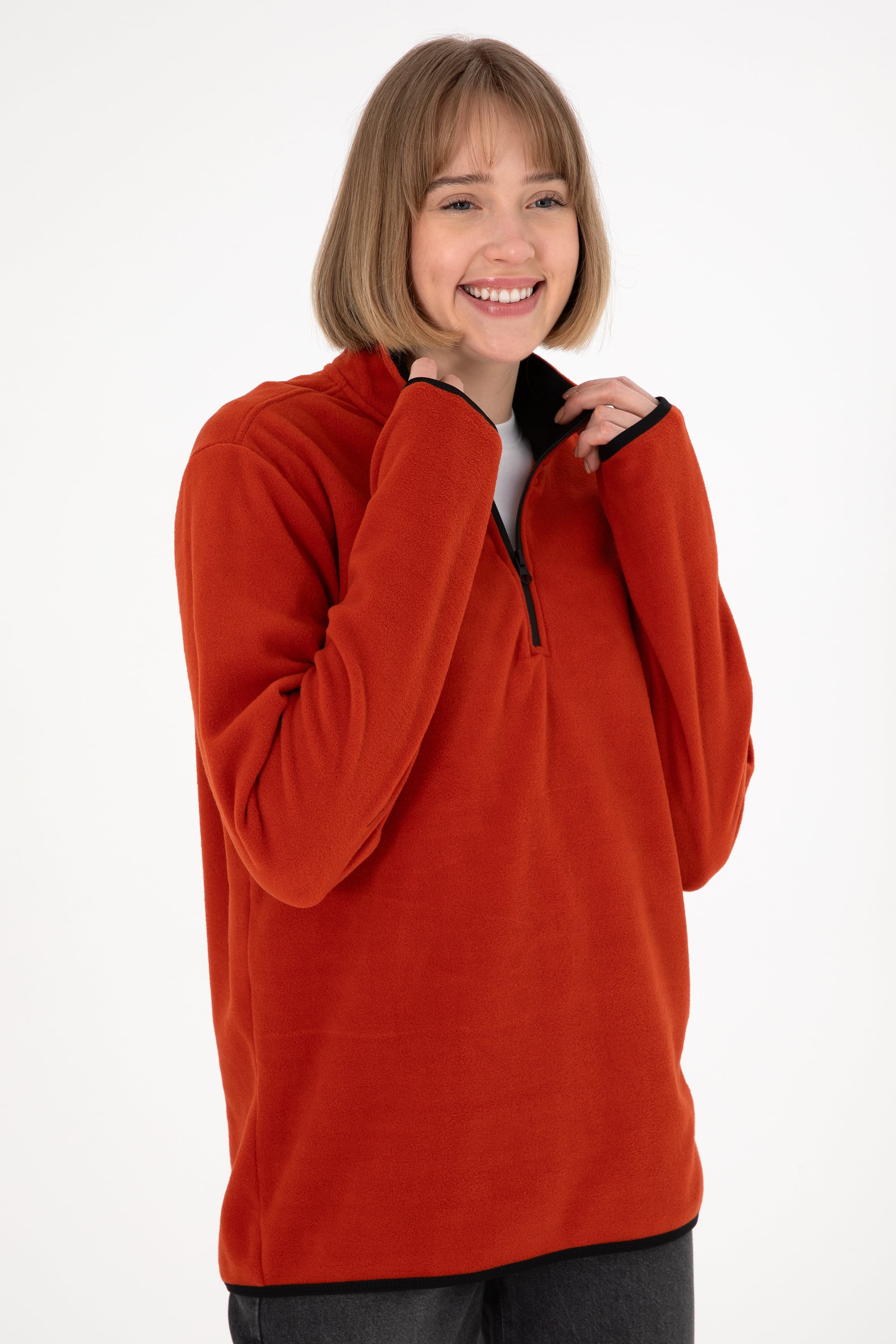 Erkek Yarım Fermuarlı Kiremit Basic Polar Sweatshirt