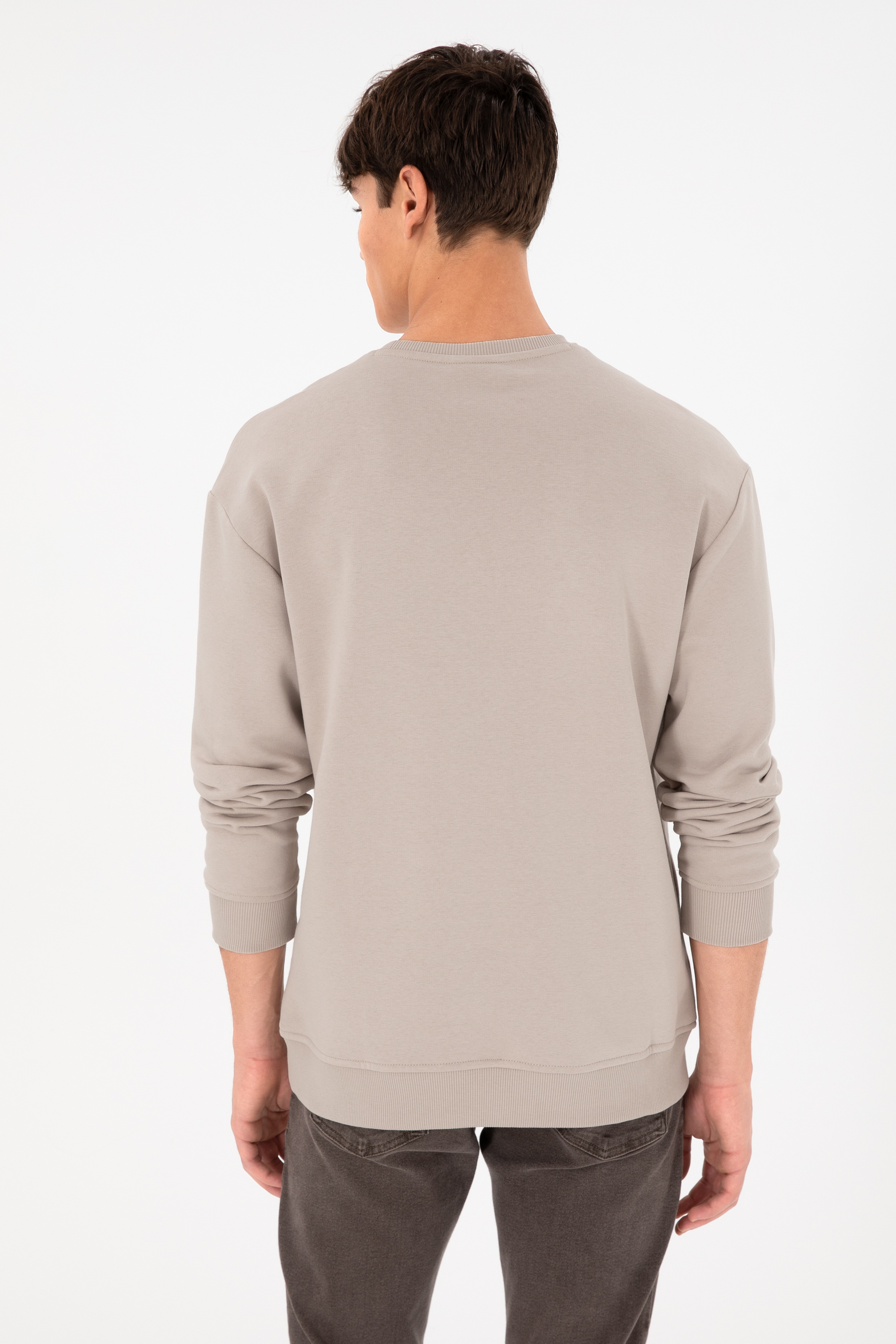 Erkek Bisiklet Yaka Taş Basic Şardonlu Sweatshirt - Image 6