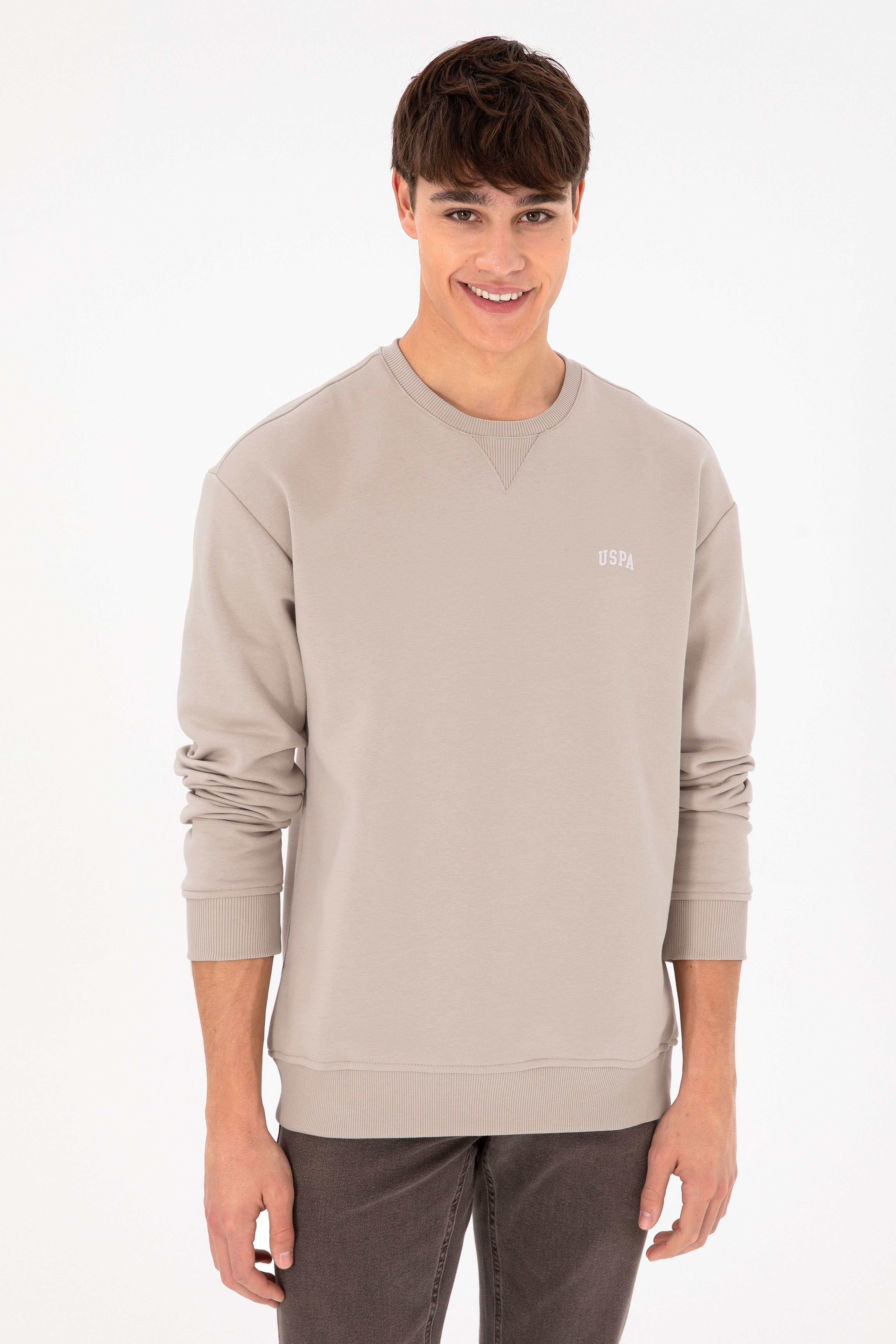 Erkek Bisiklet Yaka Taş Basic Şardonlu Sweatshirt - Image 5