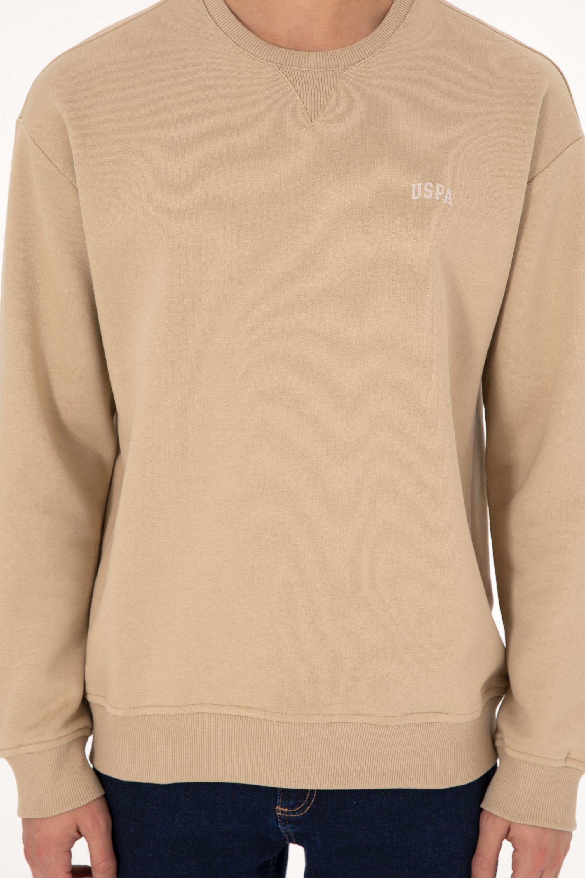 Erkek Bisiklet Yaka Kum Basic Şardonlu Sweatshirt - Image 7