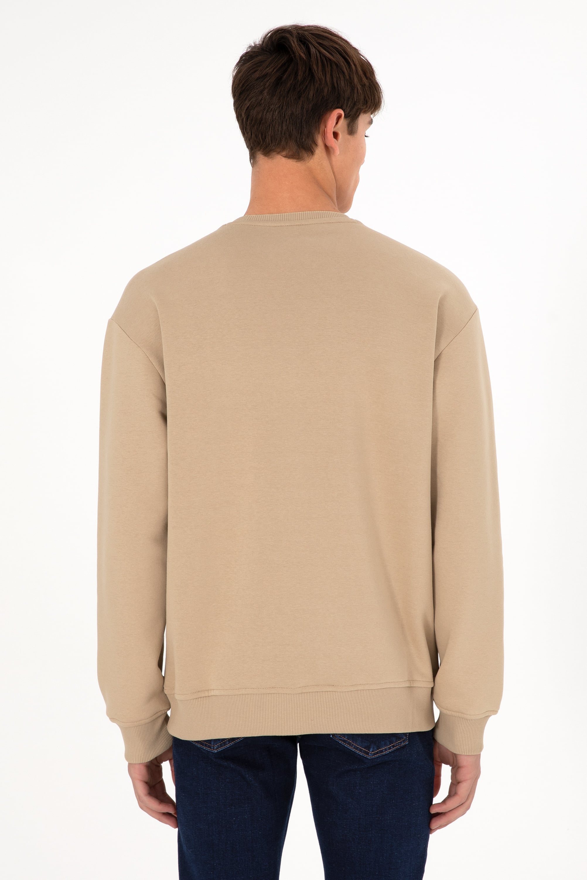 Erkek Bisiklet Yaka Kum Basic Şardonlu Sweatshirt