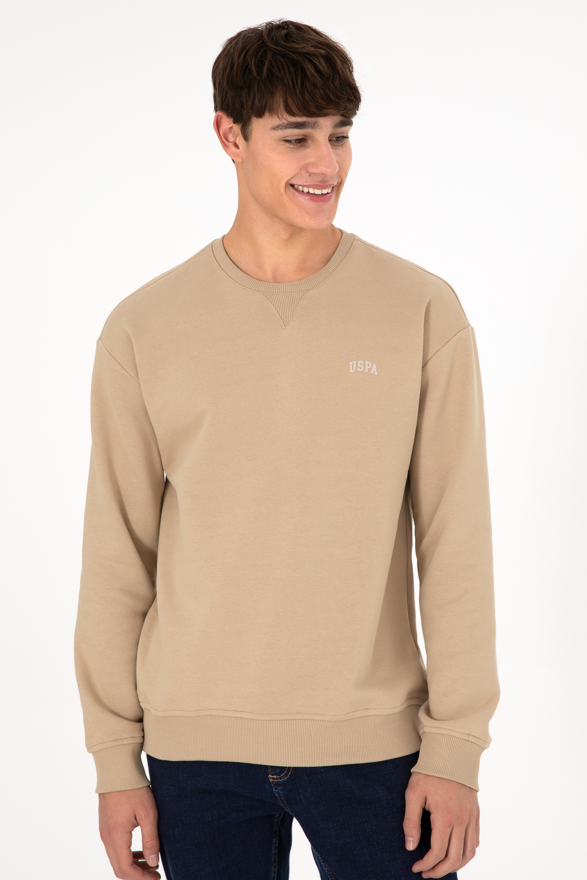 Erkek Bisiklet Yaka Kum Basic Şardonlu Sweatshirt - Image 5