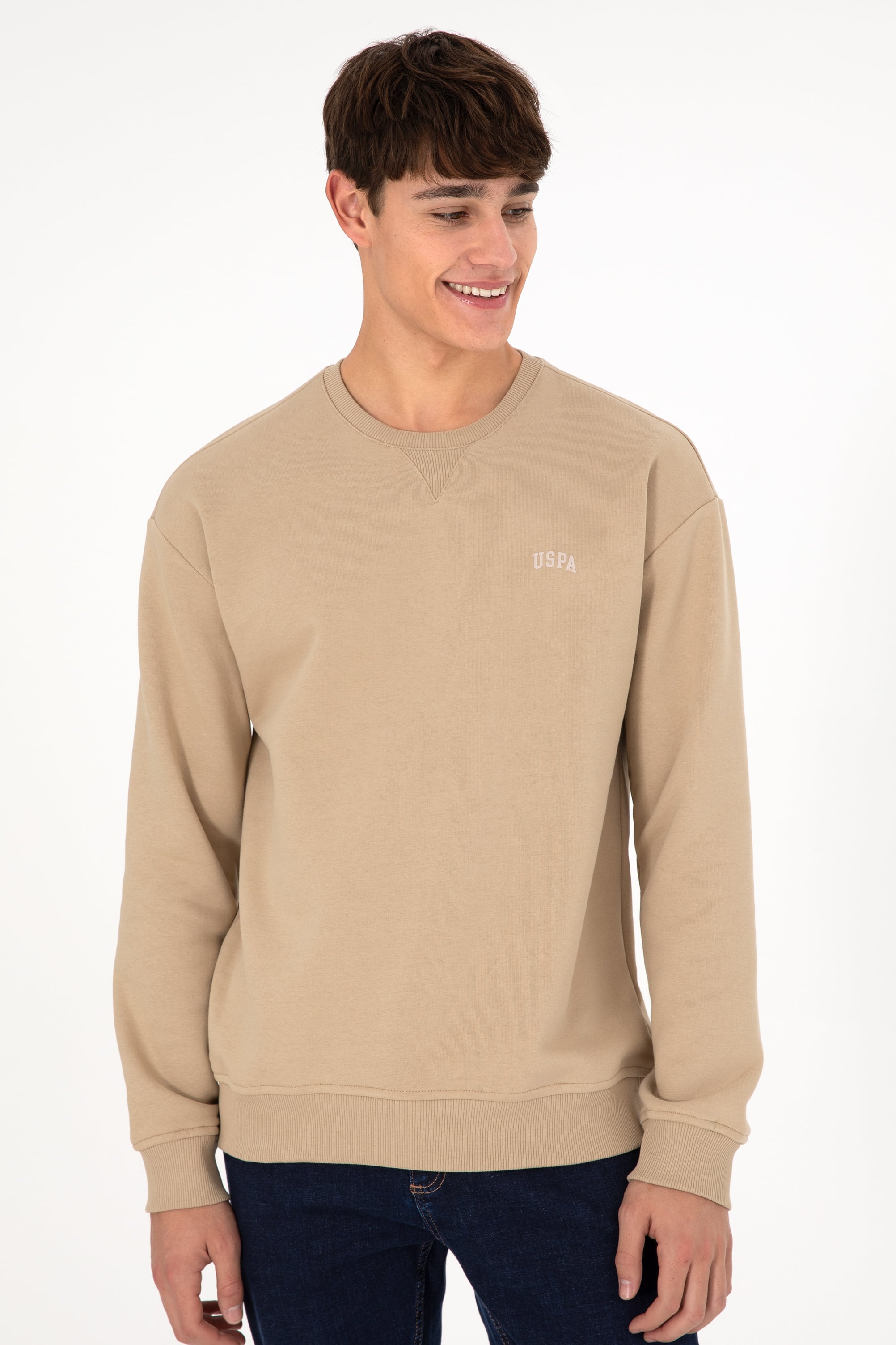 Erkek Bisiklet Yaka Kum Basic Şardonlu Sweatshirt