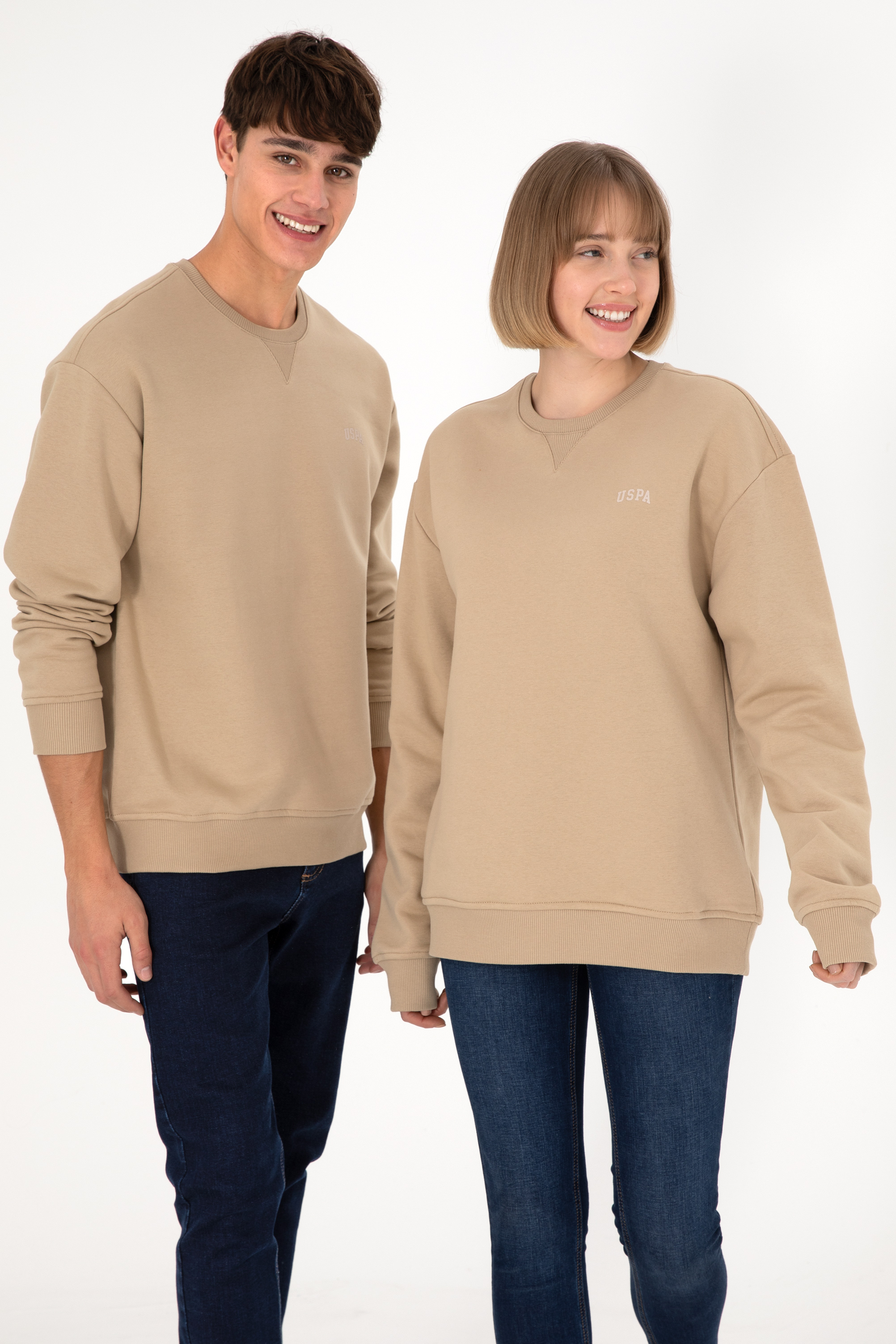Erkek Bisiklet Yaka Kum Basic Şardonlu Sweatshirt - Image 1