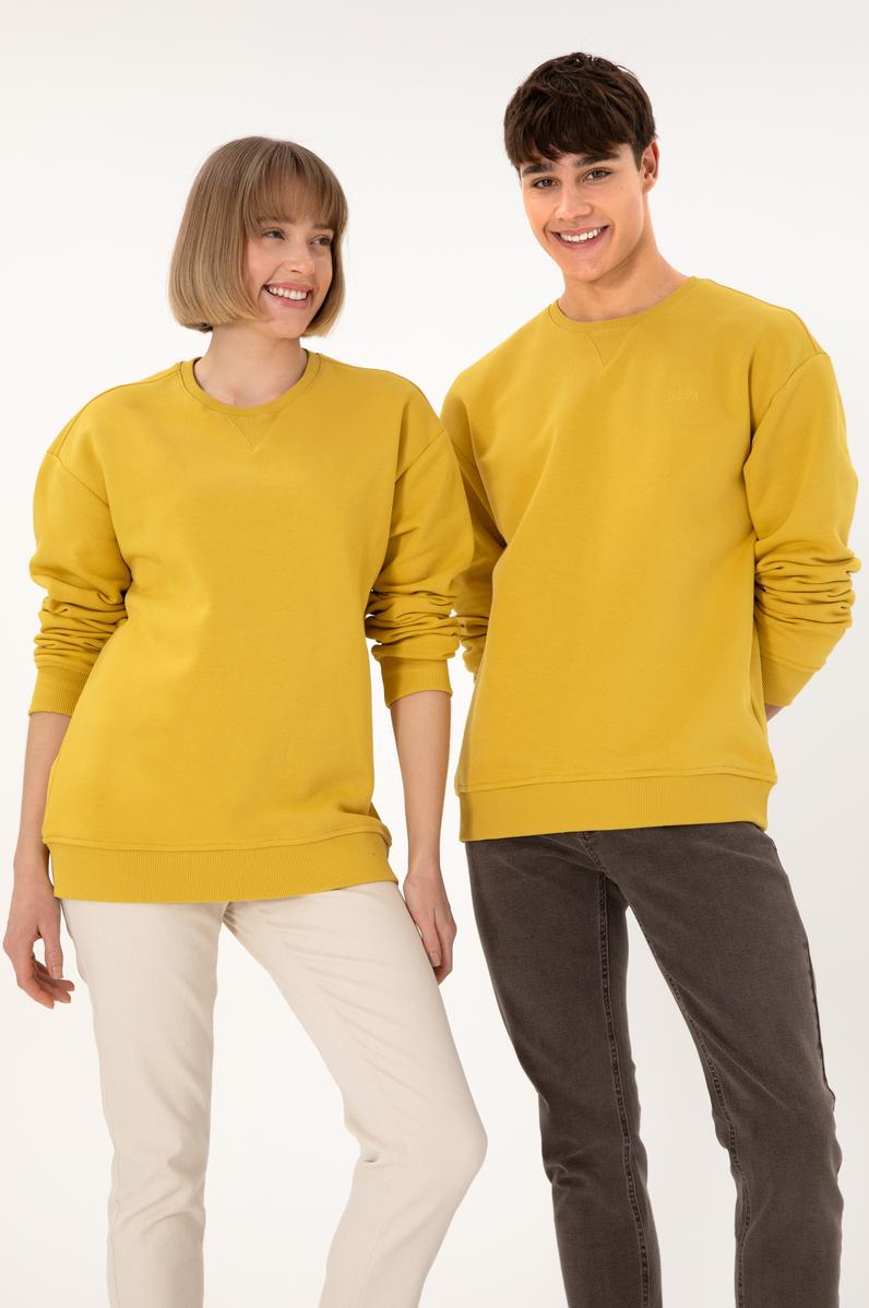 Erkek Bisiklet Yaka Sarı Basic Şardonlu Sweatshirt