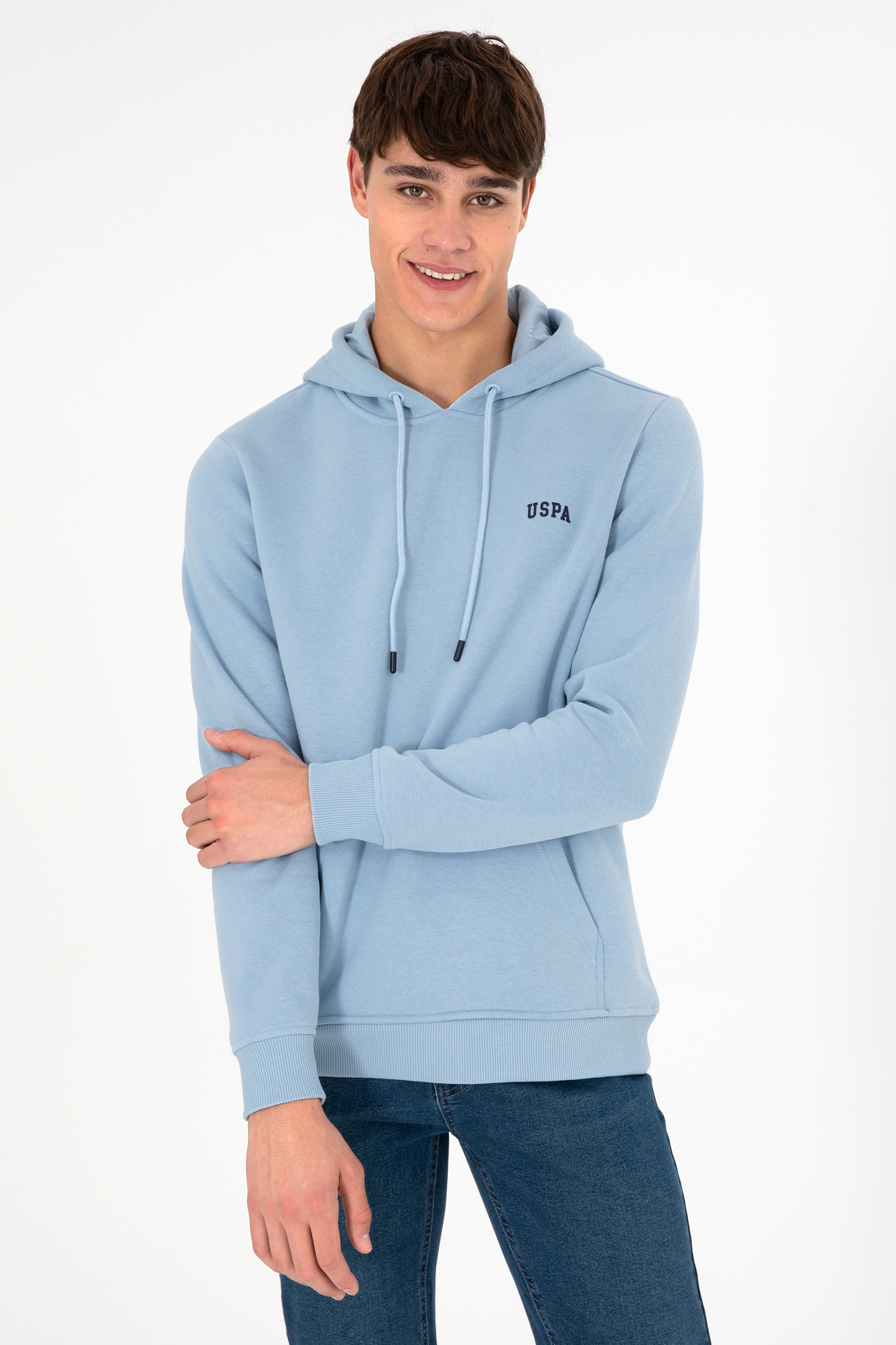Erkek Kapüşonlu Açık Mavi Basic Şardonlu Sweatshirt - Image 1
