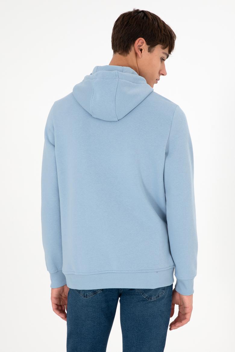 Erkek Kapüşonlu Açık Mavi Basic Şardonlu Sweatshirt - 50295176006