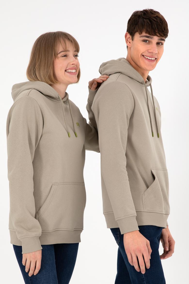 Erkek Kapüşonlu Açık Haki Basic Şardonlu Sweatshirt - 50295176181