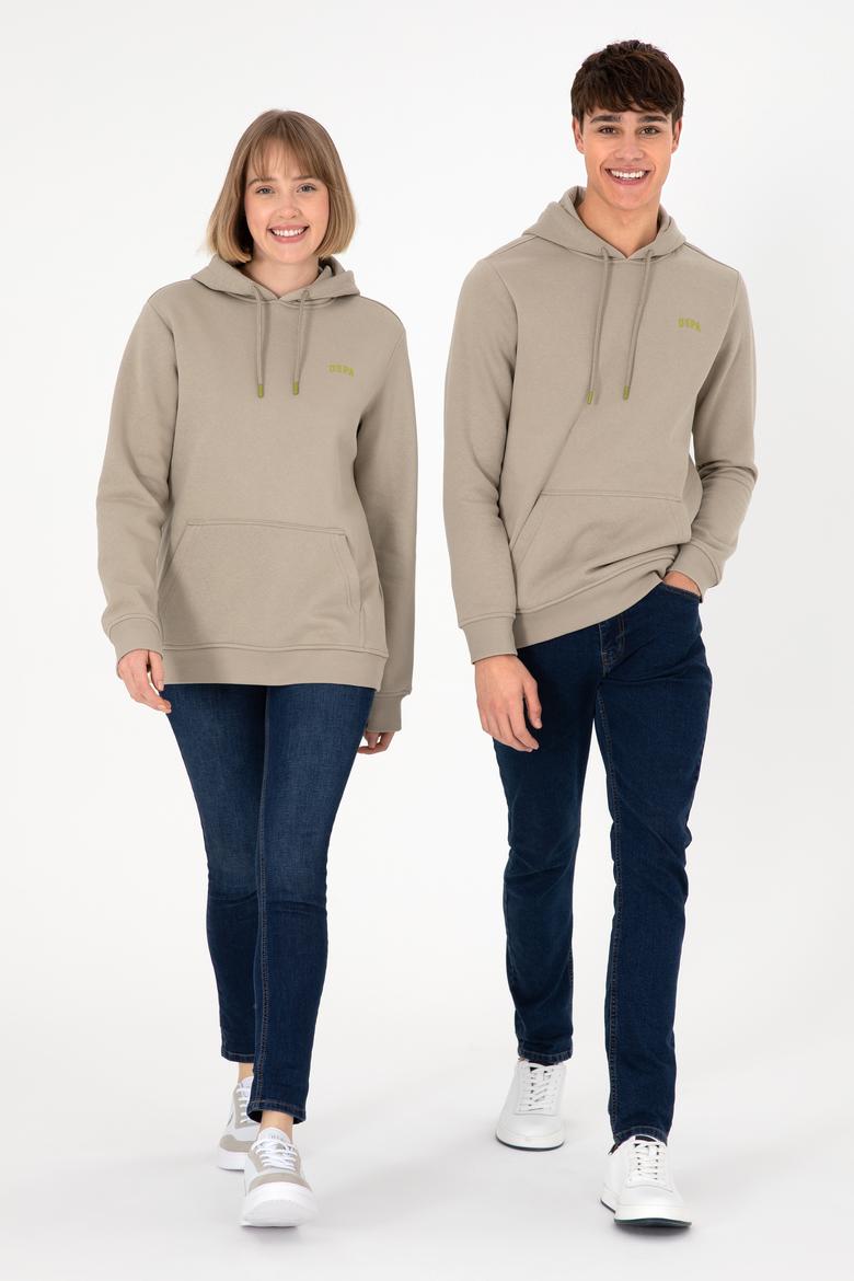 Erkek Kapüşonlu Açık Haki Basic Şardonlu Sweatshirt