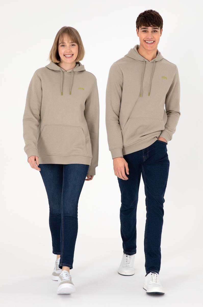 Erkek Kapüşonlu Açık Haki Basic Şardonlu Sweatshirt