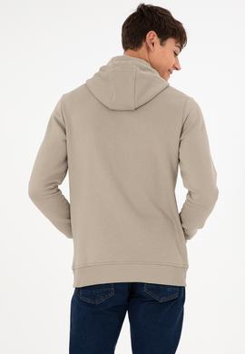 Erkek Kapüşonlu Açık Haki Basic Şardonlu Sweatshirt - 50295176181