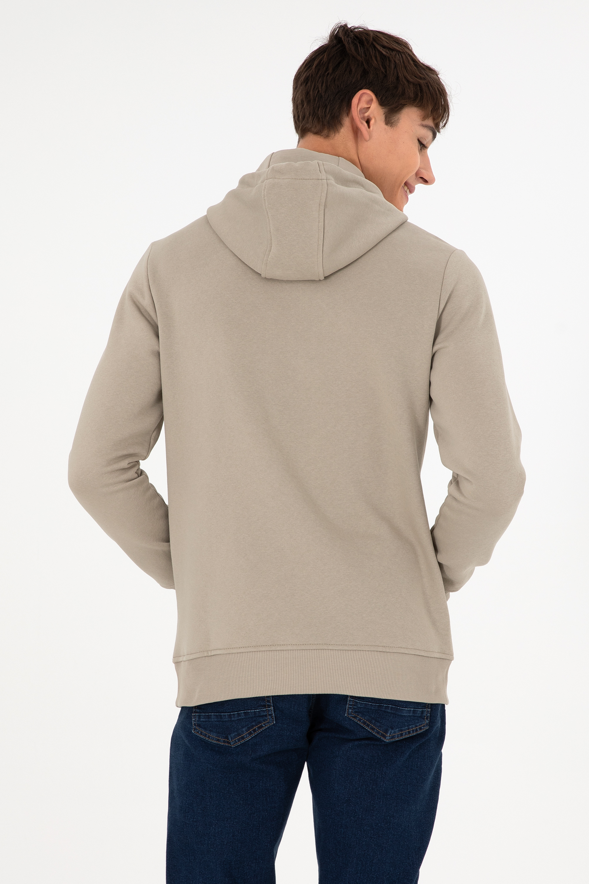 Erkek Kapüşonlu Açık Haki Basic Şardonlu Sweatshirt - Image 6