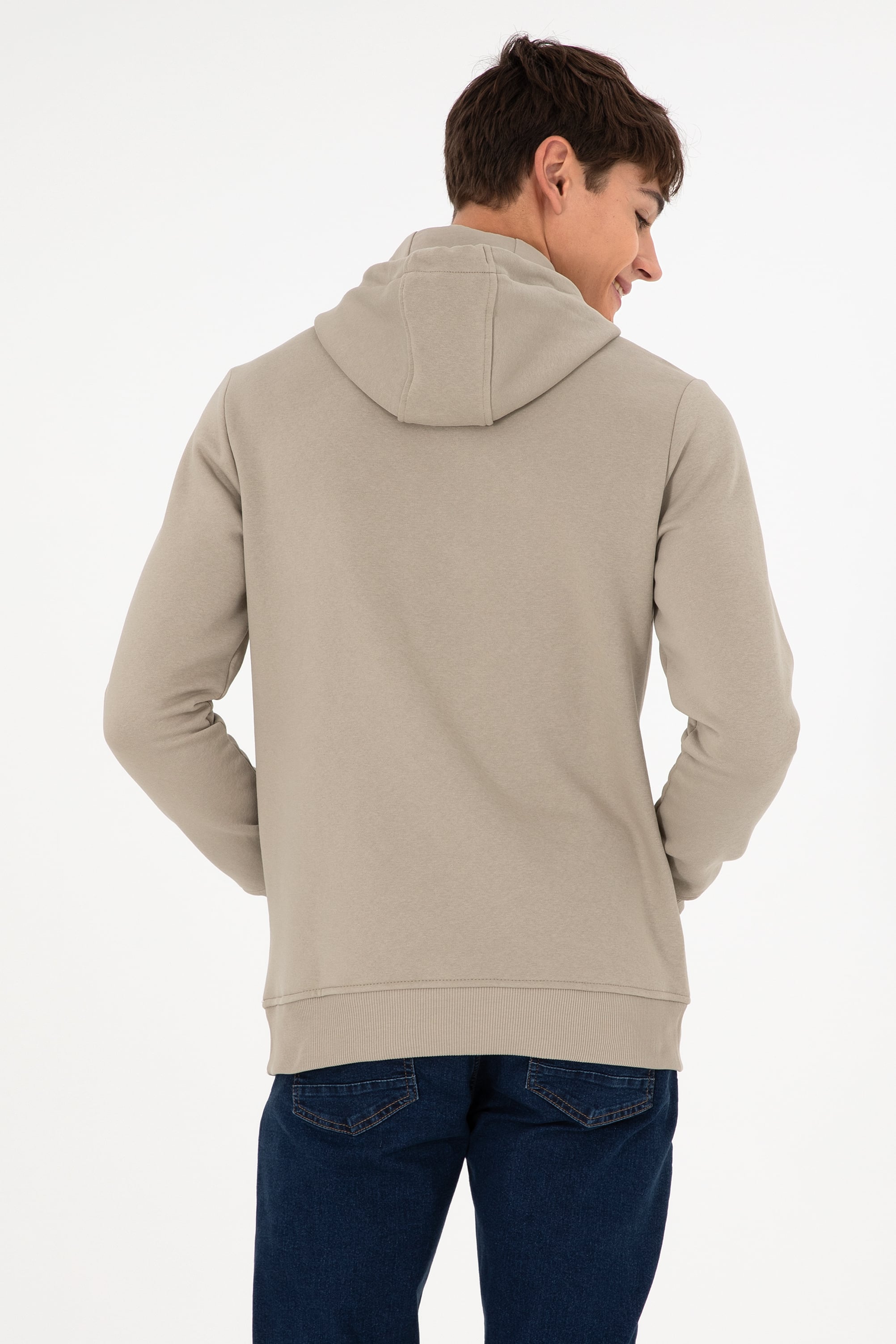 Erkek Kapüşonlu Açık Haki Basic Şardonlu Sweatshirt