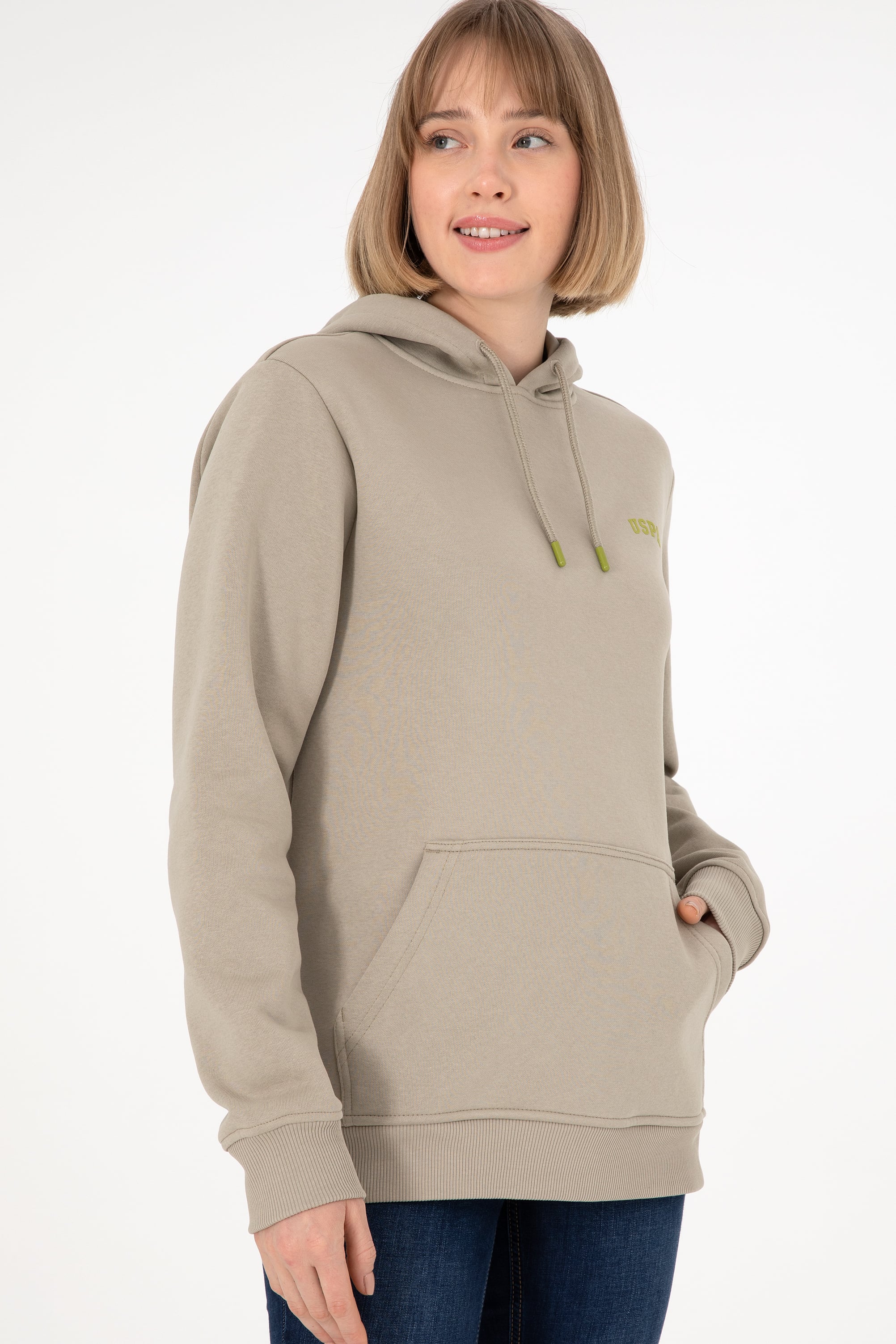 Erkek Kapüşonlu Açık Haki Basic Şardonlu Sweatshirt - Image 2