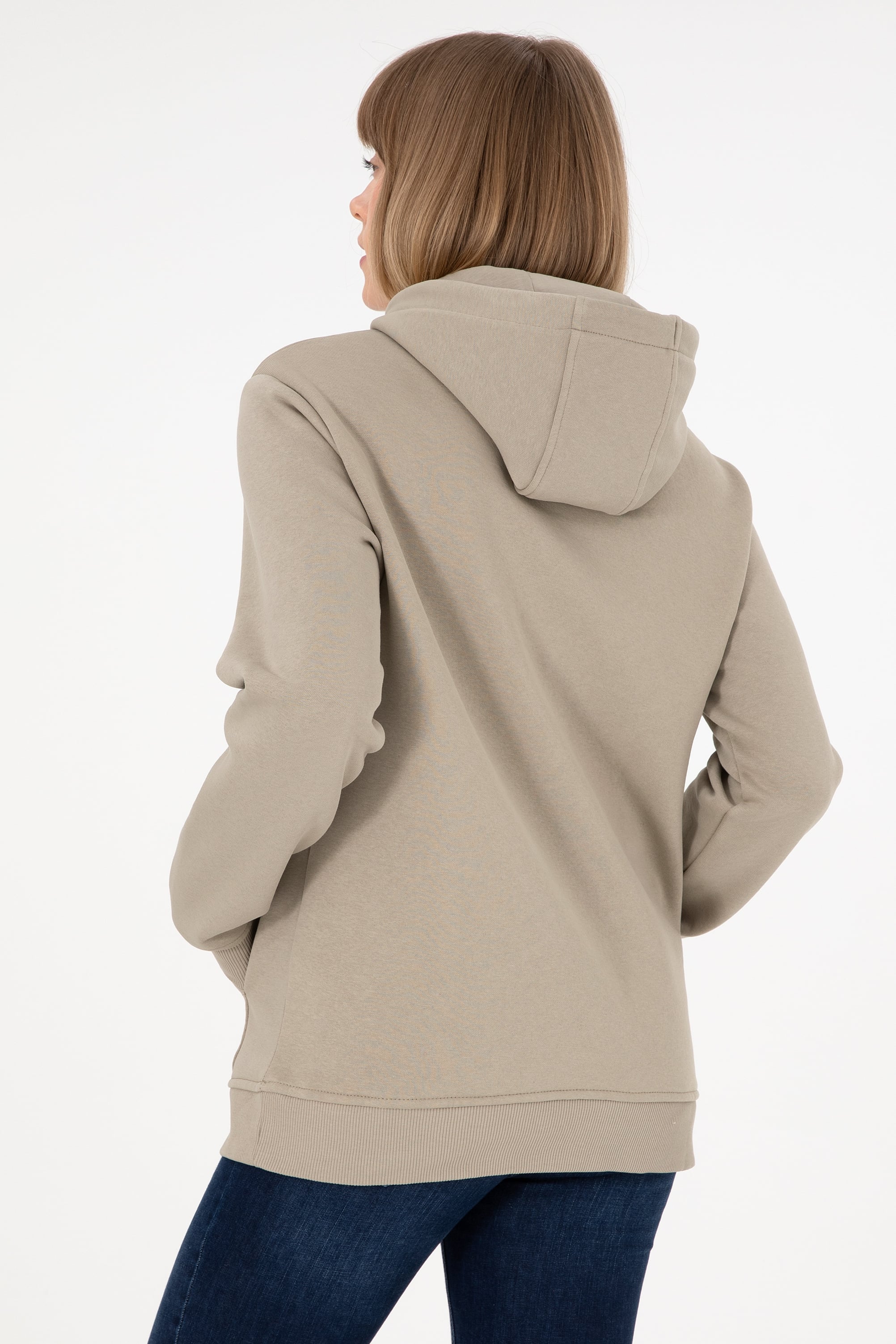 Erkek Kapüşonlu Açık Haki Basic Şardonlu Sweatshirt