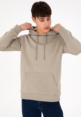 Erkek Kapüşonlu Açık Haki Basic Şardonlu Sweatshirt - 50295176181