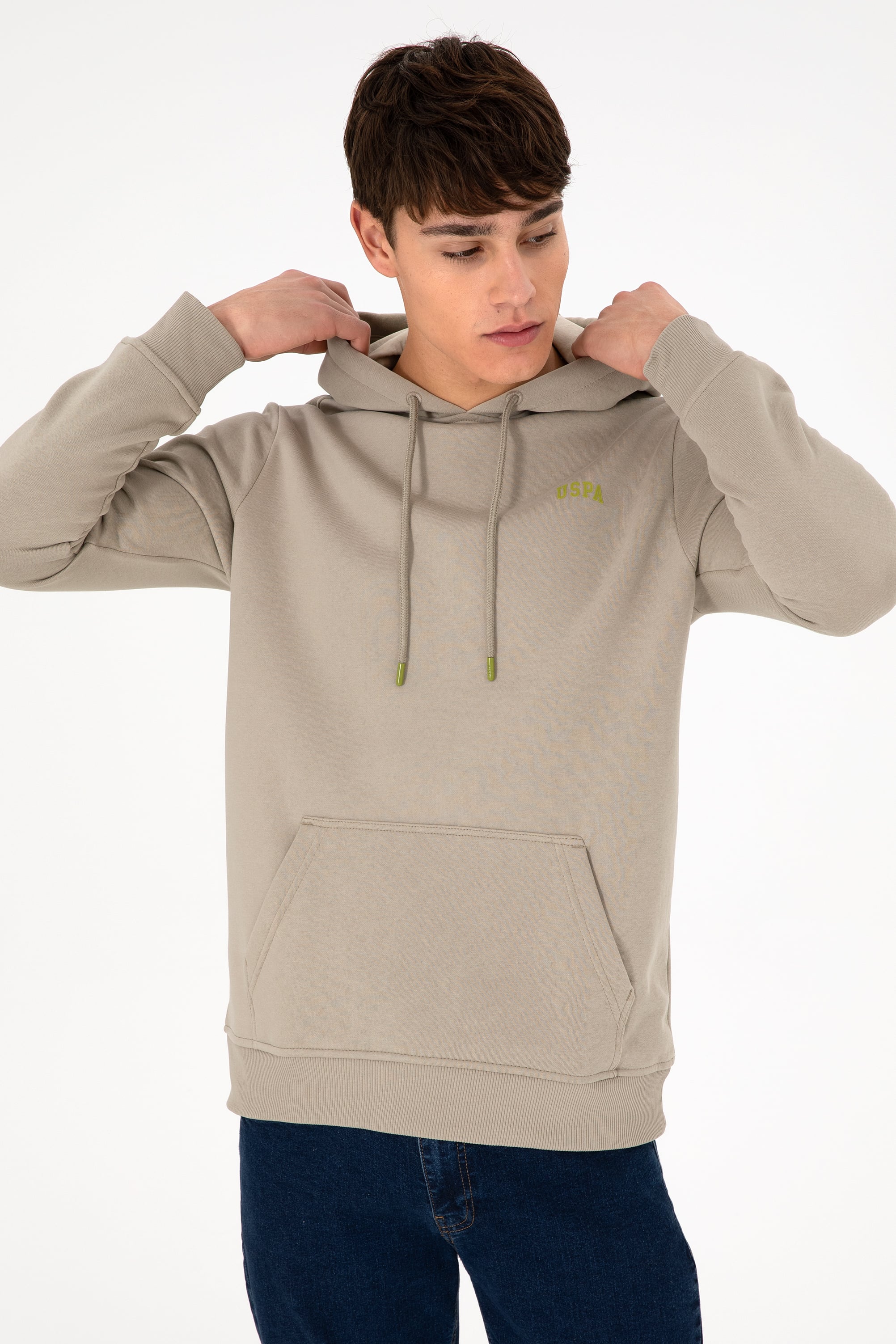 Erkek Kapüşonlu Açık Haki Basic Şardonlu Sweatshirt - Image 1